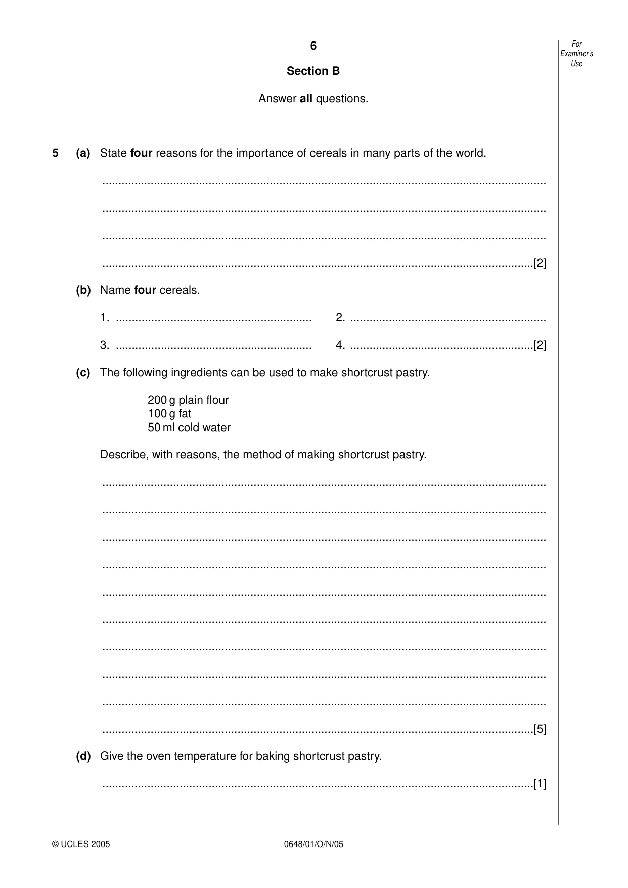 Cambridge IGCSE Food and Nutrition 0648 2005 Oct/Nov Paper 1 · Variant 1 question paper, page 6 of 12