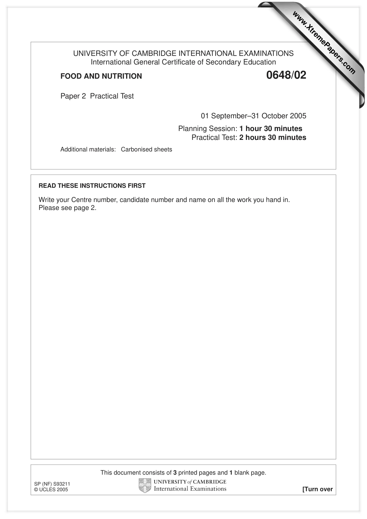 Cambridge IGCSE Food and Nutrition 0648 2005 Oct/Nov Paper 2 · Variant 1 question paper, page 1 of 4