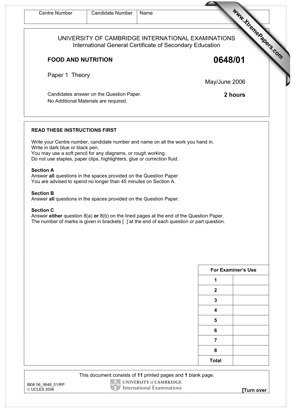 Cambridge IGCSE Food and Nutrition 0648 2006 May/June Paper 1 · Variant 1 question paper, page 1 of 12