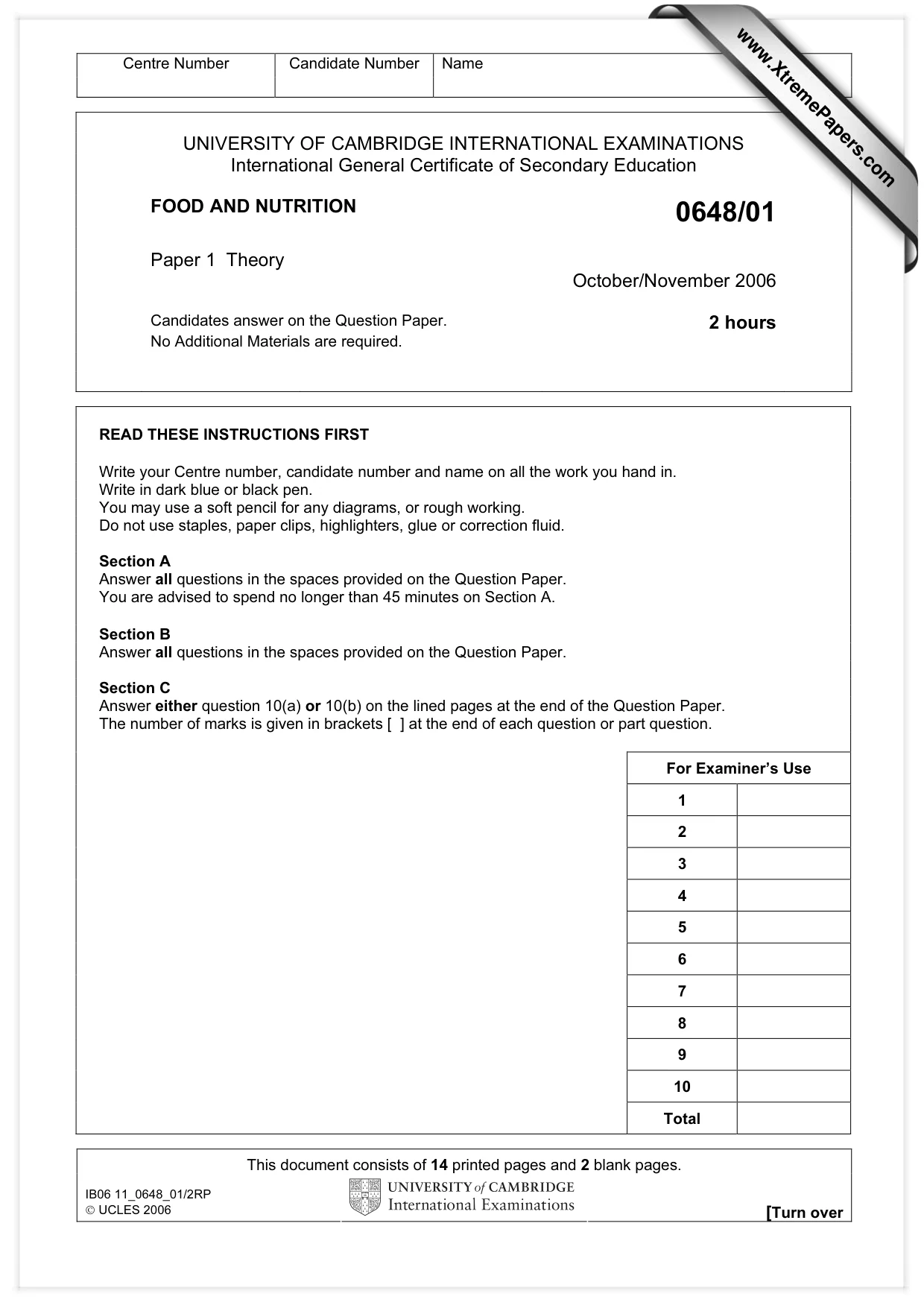 Cambridge IGCSE Food and Nutrition 0648 2006 Oct/Nov Paper 1 · Variant 1 question paper, page 1 of 16