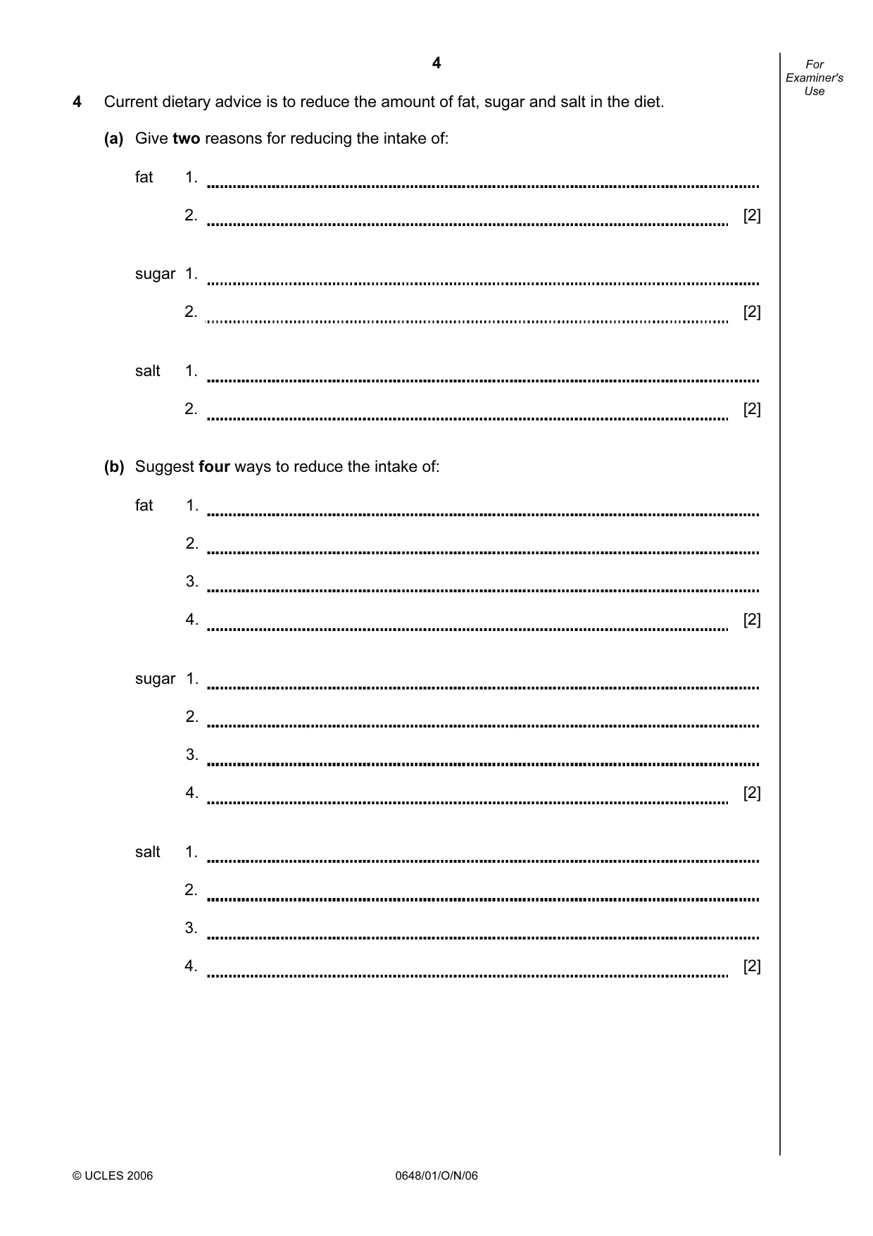 Cambridge IGCSE Food and Nutrition 0648 2006 Oct/Nov Paper 1 · Variant 1 question paper, page 4 of 16