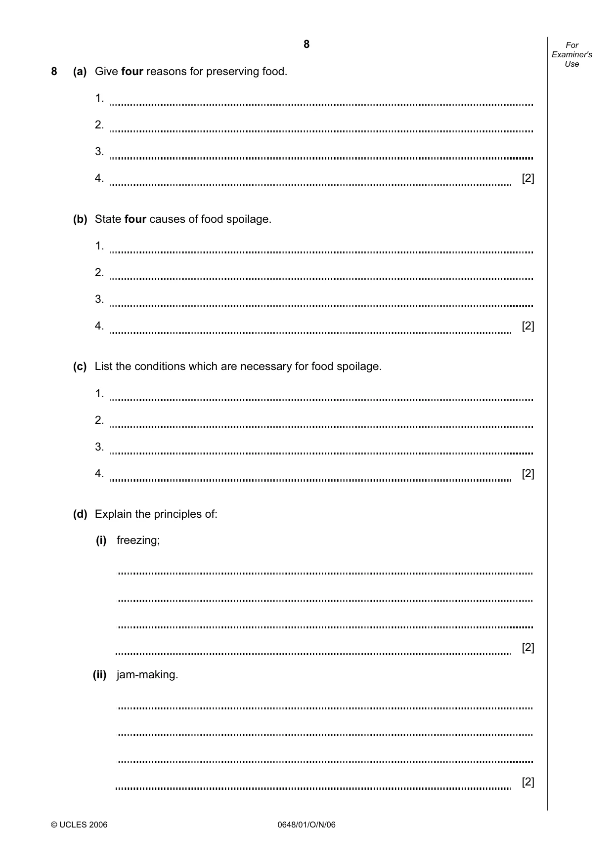 Cambridge IGCSE Food and Nutrition 0648 2006 Oct/Nov Paper 1 · Variant 1 question paper, page 8 of 16