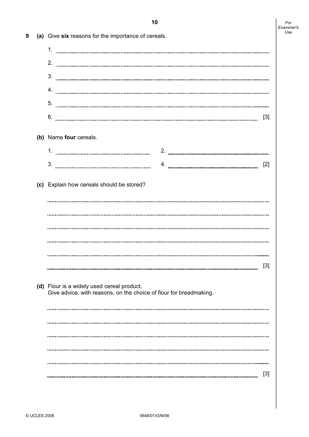 Cambridge IGCSE Food and Nutrition 0648 2006 Oct/Nov Paper 1 · Variant 1 question paper, page 10 of 16