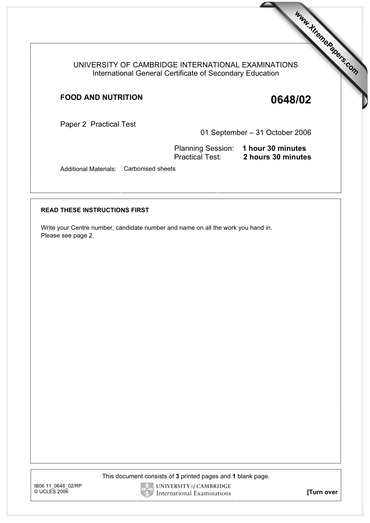 Cambridge IGCSE Food and Nutrition 0648 2006 Oct/Nov Paper 2 · Variant 1 question paper, page 1 of 4