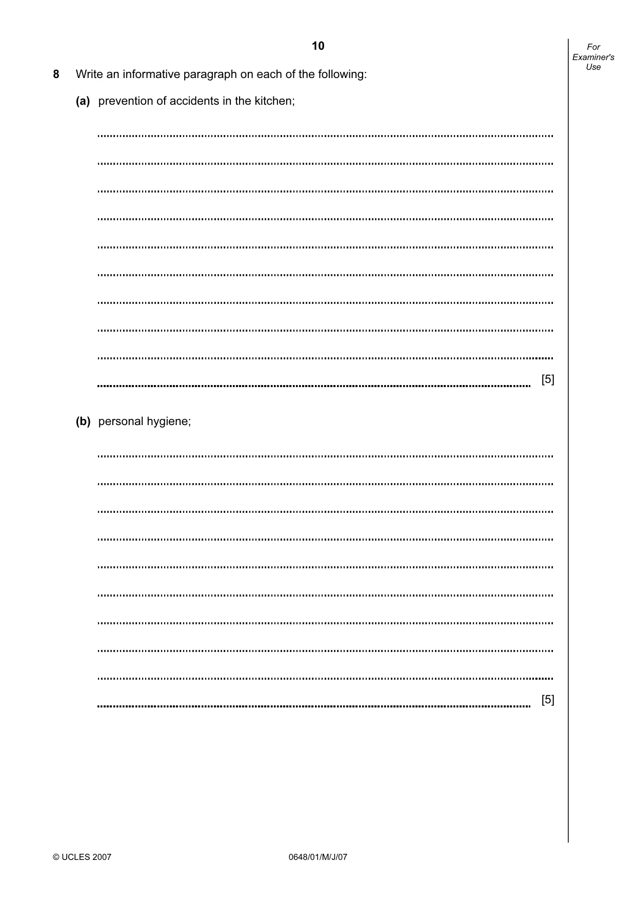 Cambridge IGCSE Food and Nutrition 0648 2007 May/June Paper 1 · Variant 1 question paper, page 10 of 16