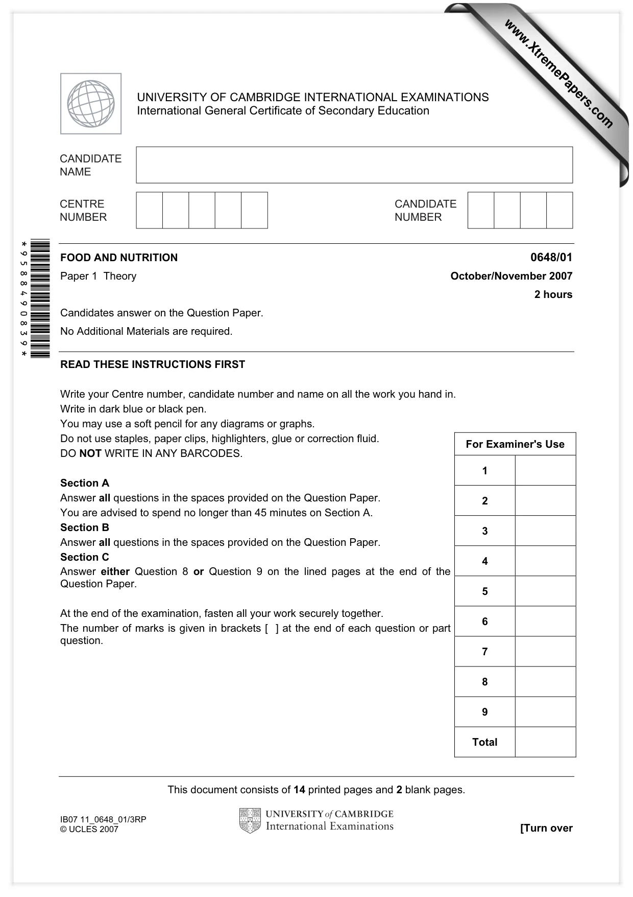 Cambridge IGCSE Food and Nutrition 0648 2007 Oct/Nov Paper 1 · Variant 1 question paper, page 1 of 16