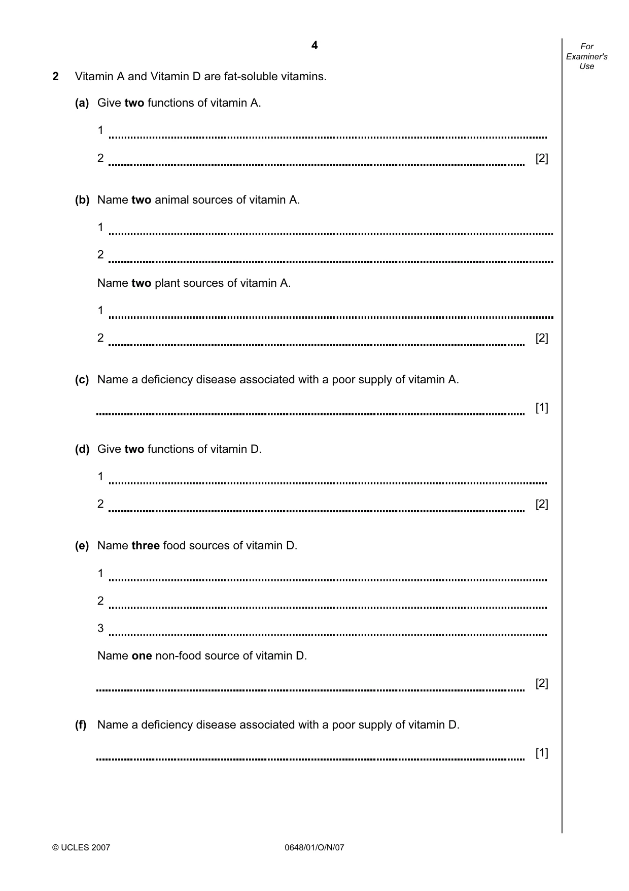 Cambridge IGCSE Food and Nutrition 0648 2007 Oct/Nov Paper 1 · Variant 1 question paper, page 4 of 16