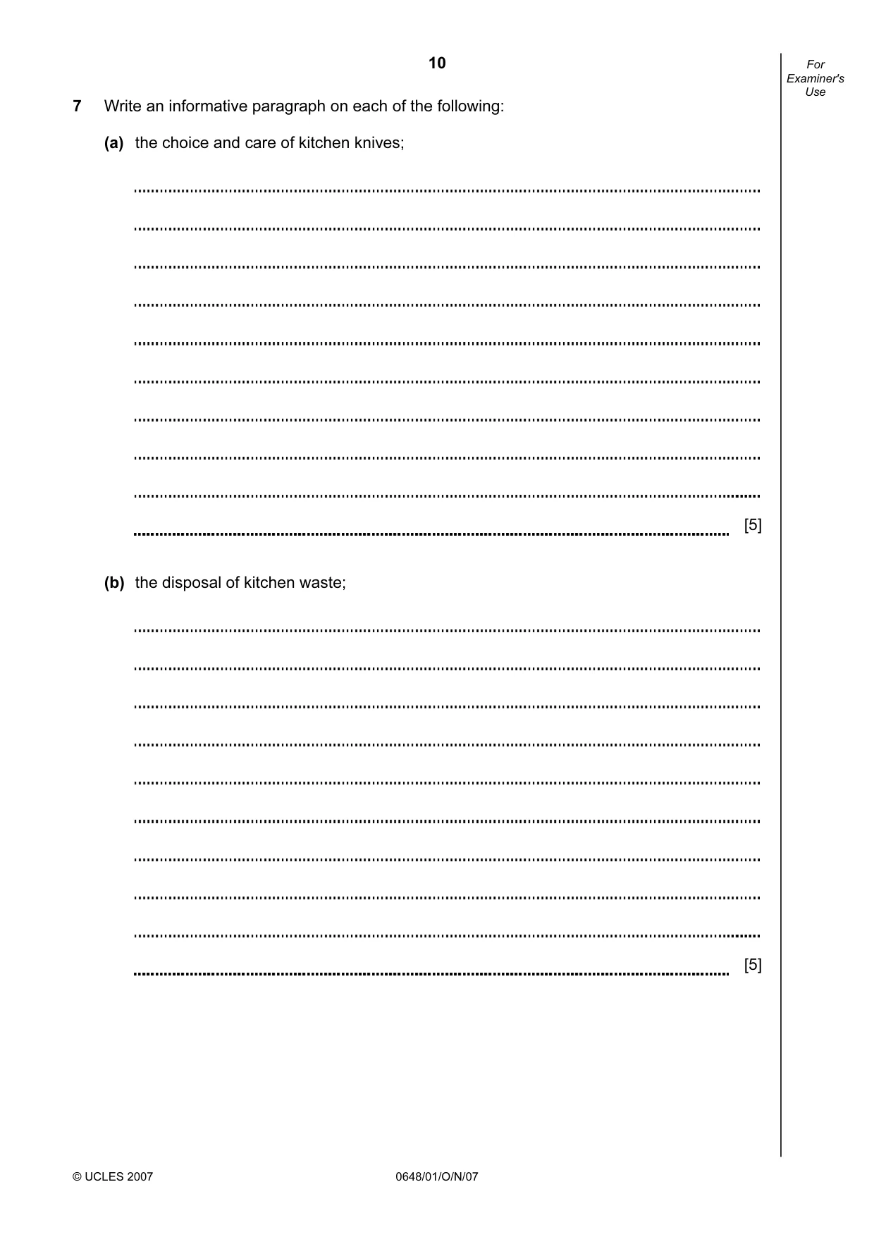 Cambridge IGCSE Food and Nutrition 0648 2007 Oct/Nov Paper 1 · Variant 1 question paper, page 10 of 16
