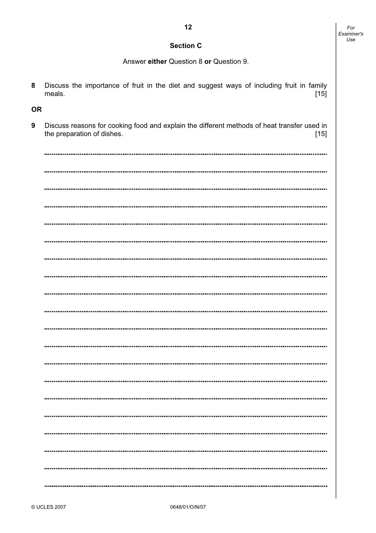 Cambridge IGCSE Food and Nutrition 0648 2007 Oct/Nov Paper 1 · Variant 1 question paper, page 12 of 16