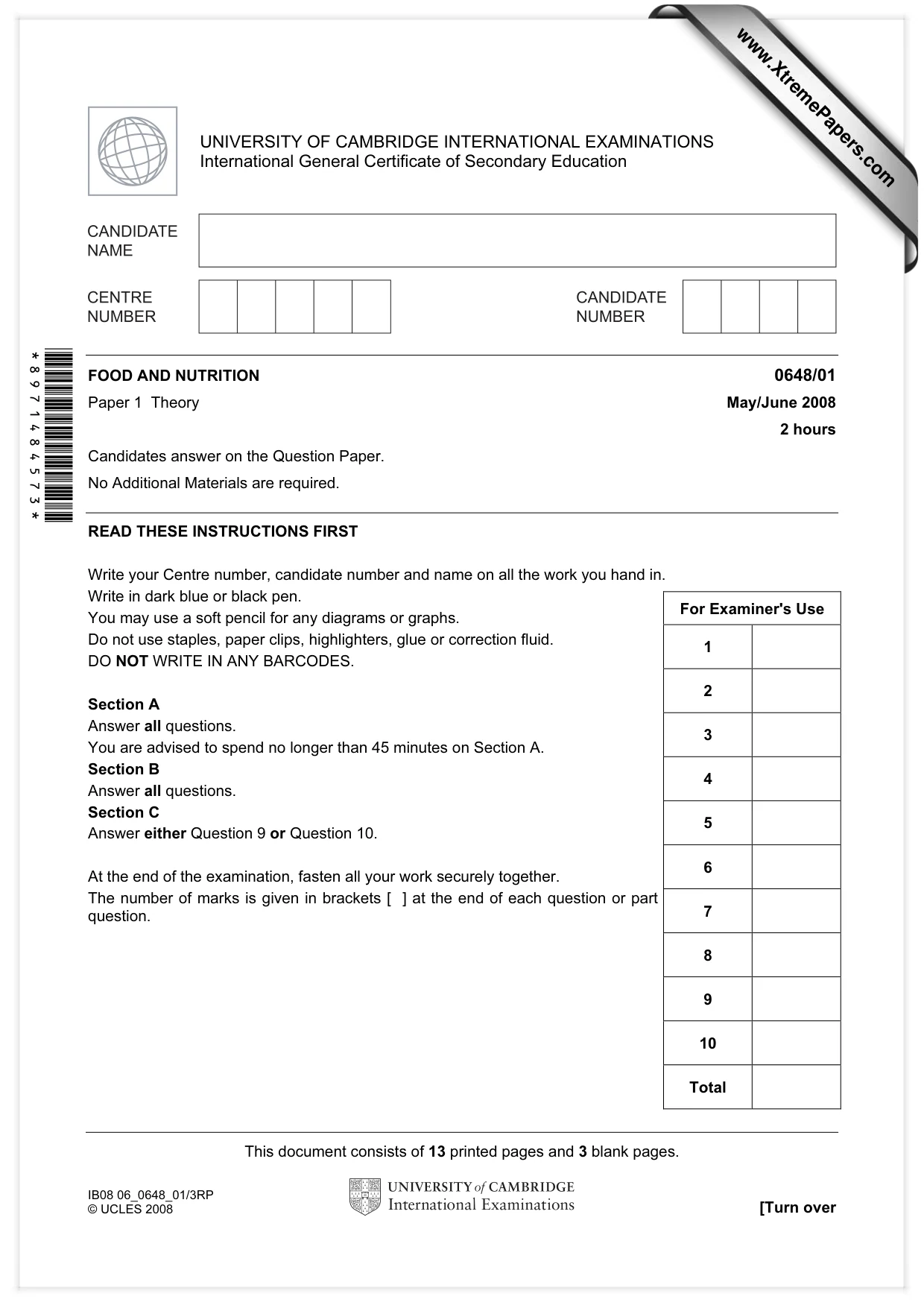 Cambridge IGCSE Food and Nutrition 0648 2008 May/June Paper 1 · Variant 1 question paper, page 1 of 16