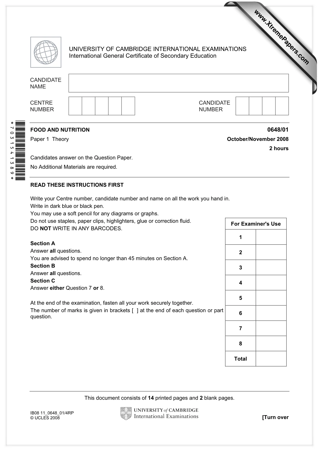 Cambridge IGCSE Food and Nutrition 0648 2008 Oct/Nov Paper 1 · Variant 1 question paper, page 1 of 16
