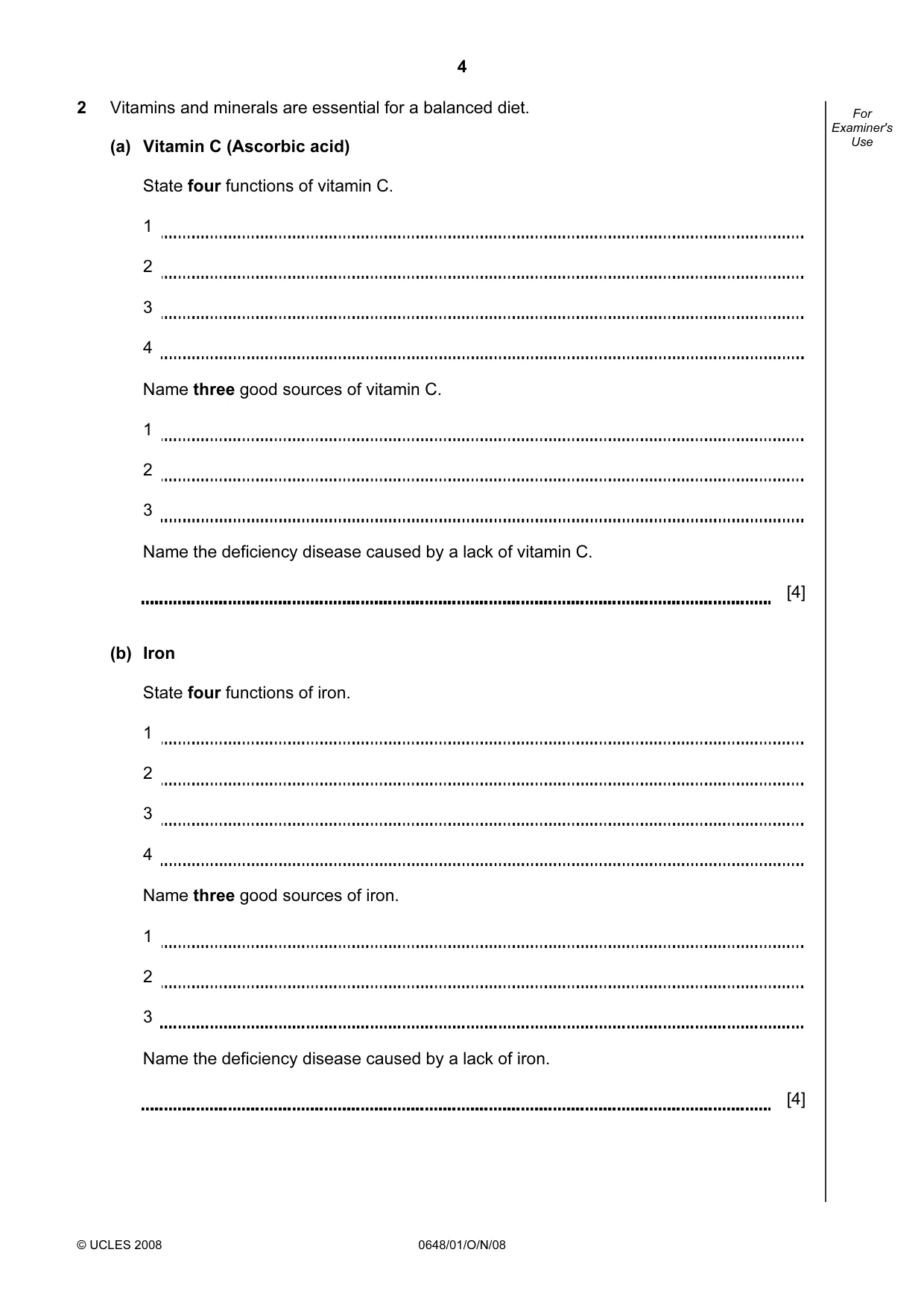 Cambridge IGCSE Food and Nutrition 0648 2008 Oct/Nov Paper 1 · Variant 1 question paper, page 4 of 16