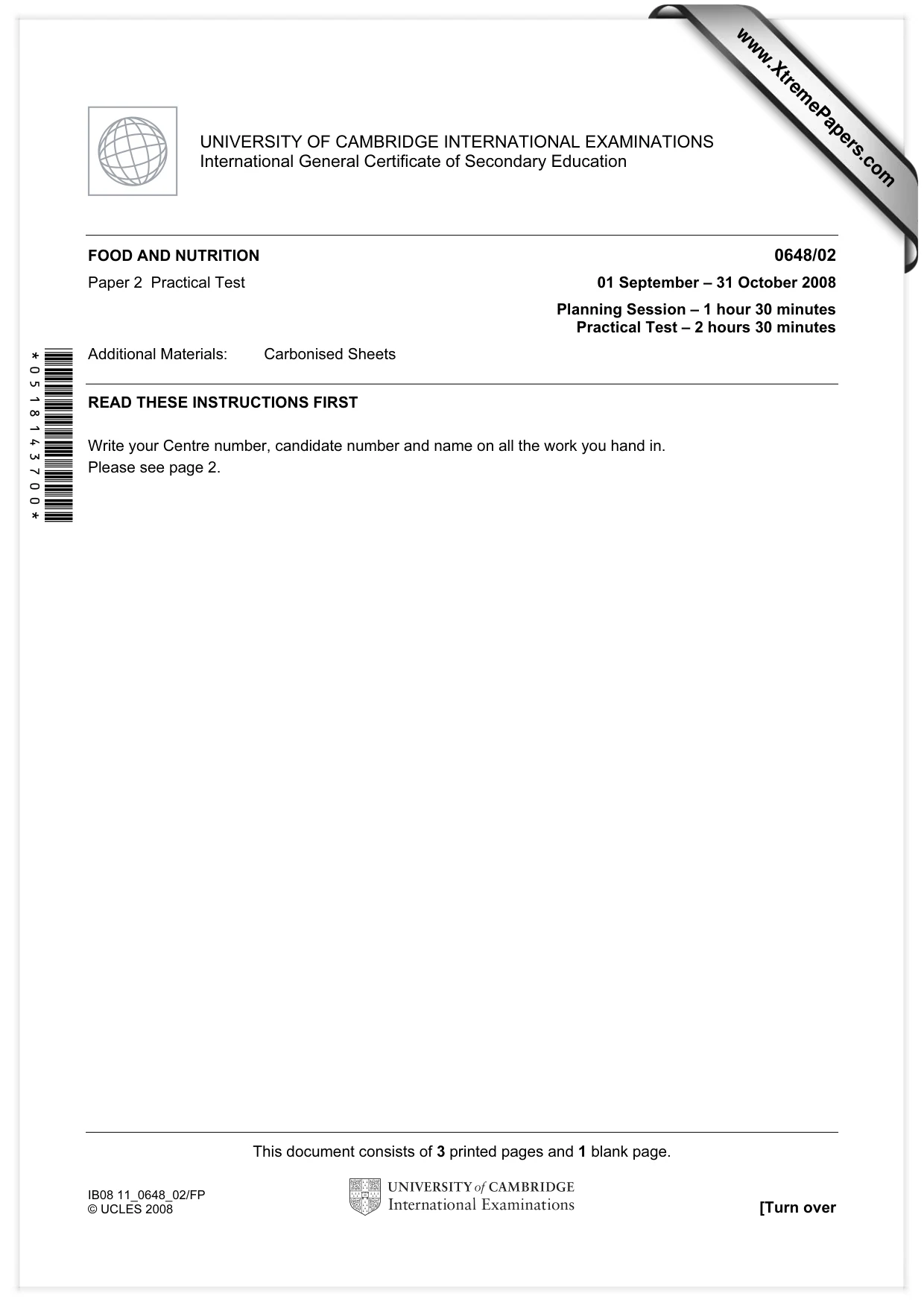 Cambridge IGCSE Food and Nutrition 0648 2008 Oct/Nov Paper 2 · Variant 1 question paper, page 1 of 4