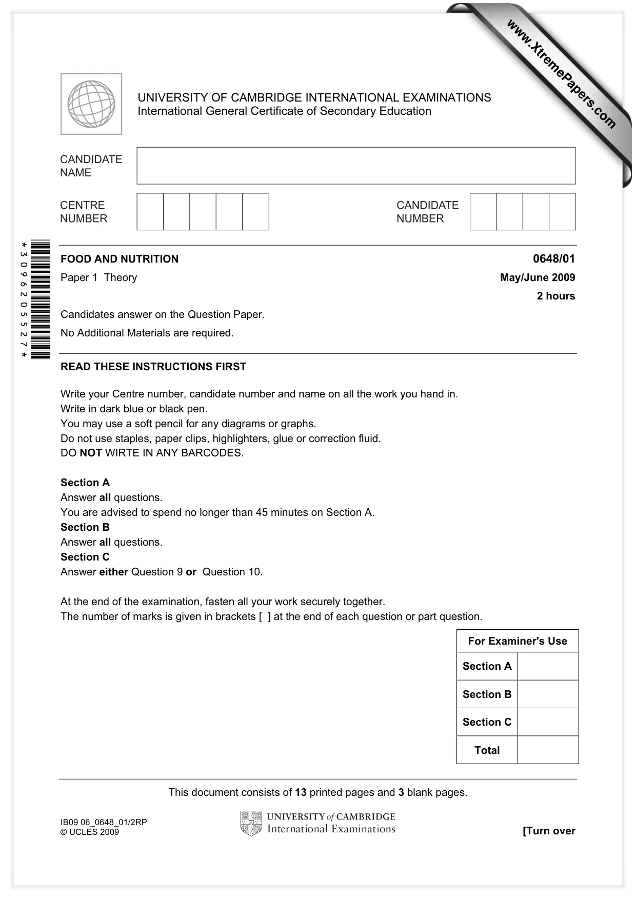 Cambridge IGCSE Food and Nutrition 0648 2009 May/June Paper 1 · Variant 1 question paper, page 1 of 16