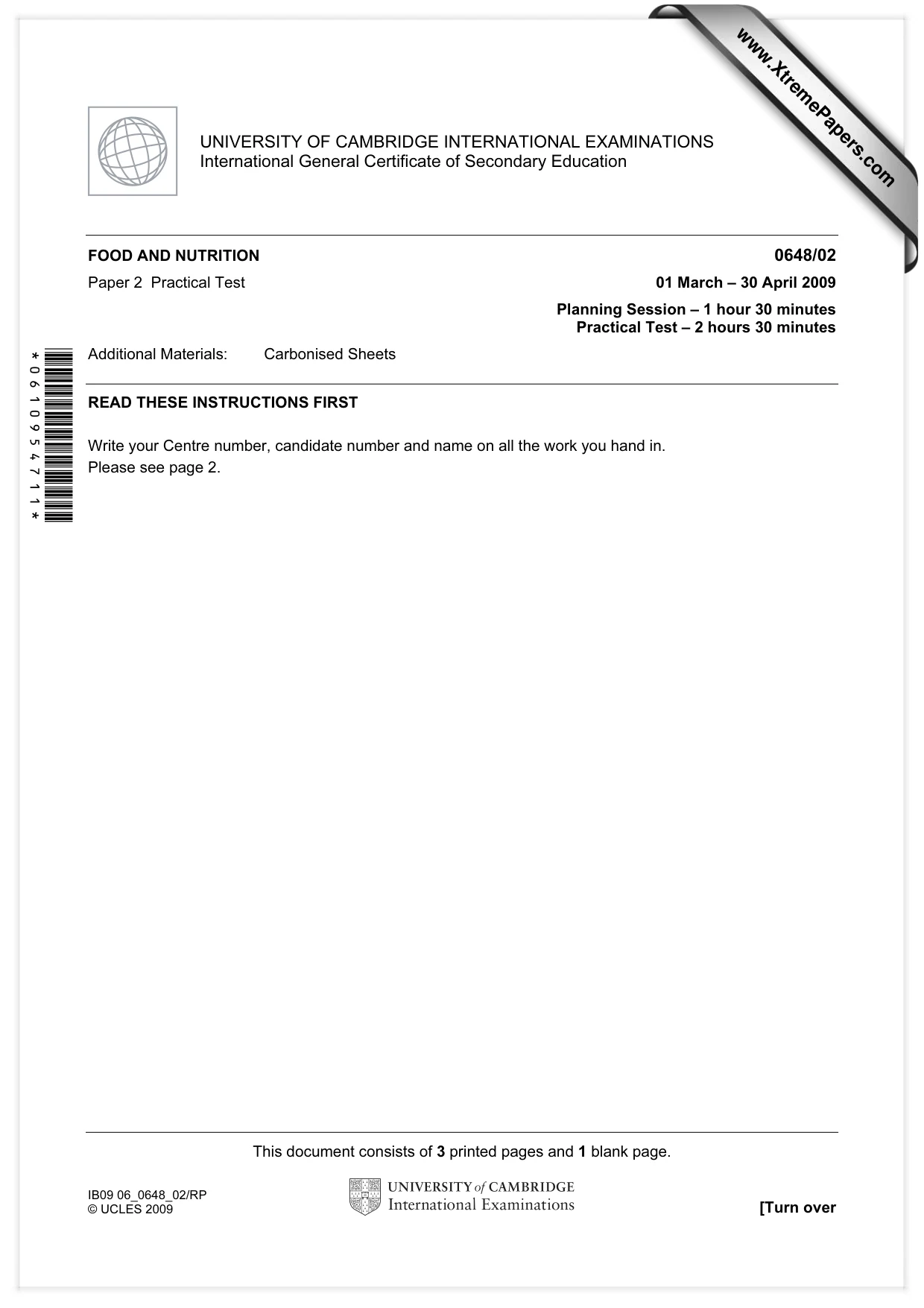 Cambridge IGCSE Food and Nutrition 0648 2009 May/June Paper 2 · Variant 1 question paper, page 1 of 4