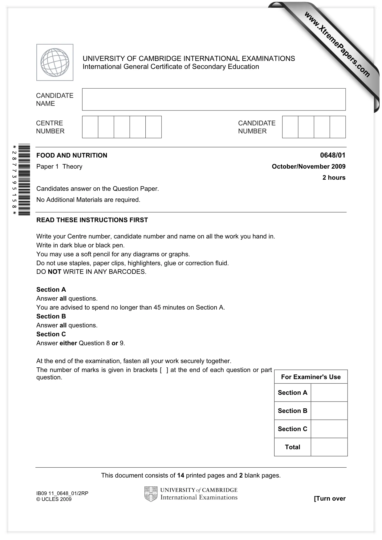 Cambridge IGCSE Food and Nutrition 0648 2009 Oct/Nov Paper 1 · Variant 1 question paper, page 1 of 16