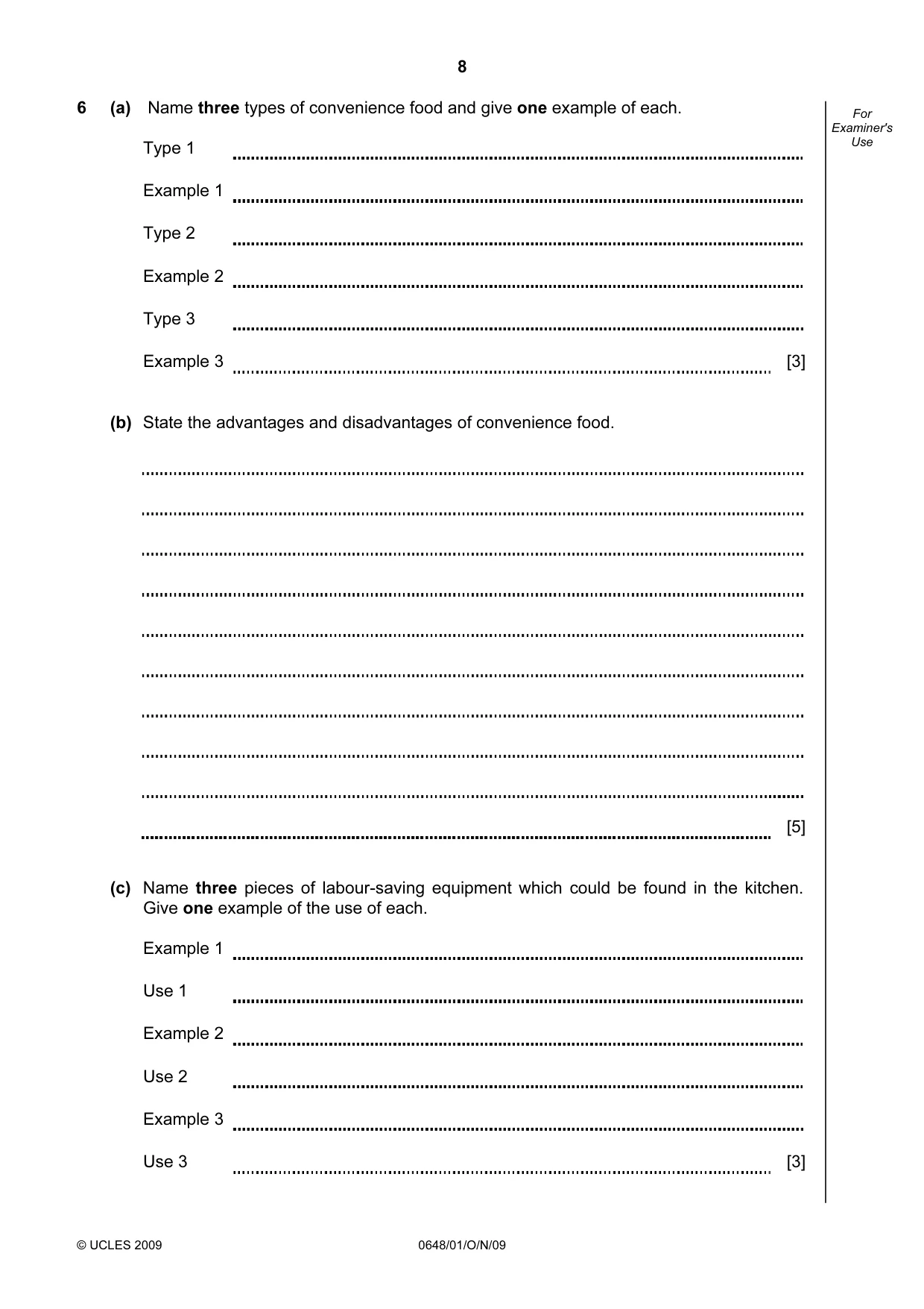 Cambridge IGCSE Food and Nutrition 0648 2009 Oct/Nov Paper 1 · Variant 1 question paper, page 8 of 16
