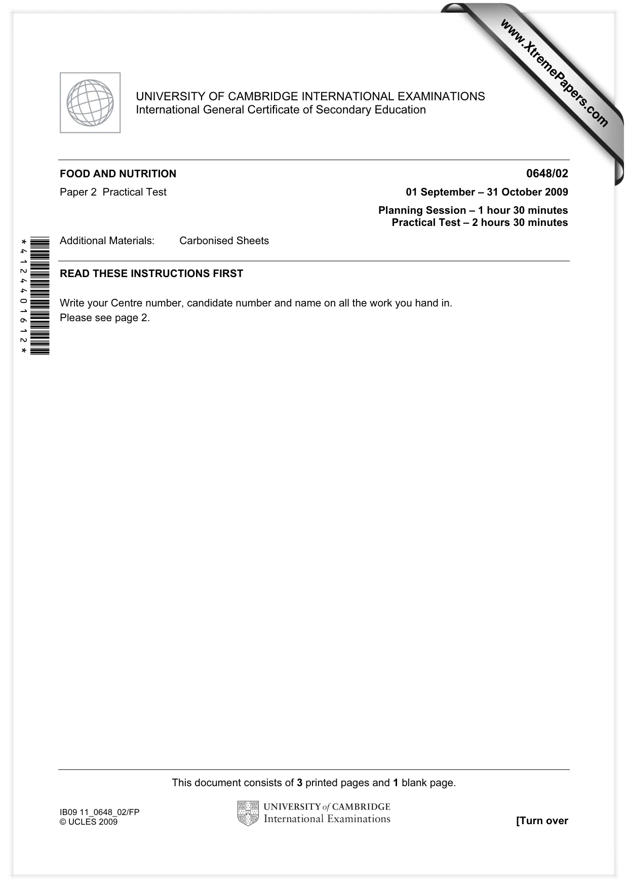 Cambridge IGCSE Food and Nutrition 0648 2009 Oct/Nov Paper 2 · Variant 1 question paper, page 1 of 4