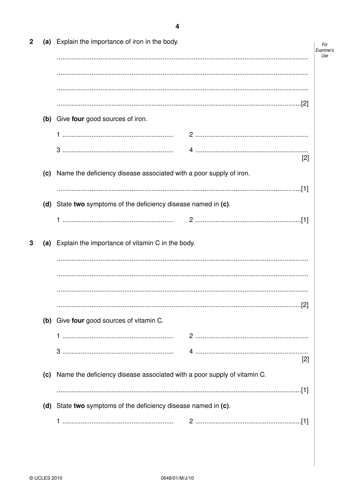 Cambridge IGCSE Food and Nutrition 0648 2010 May/June Paper 1 · Variant 1 question paper, page 4 of 16