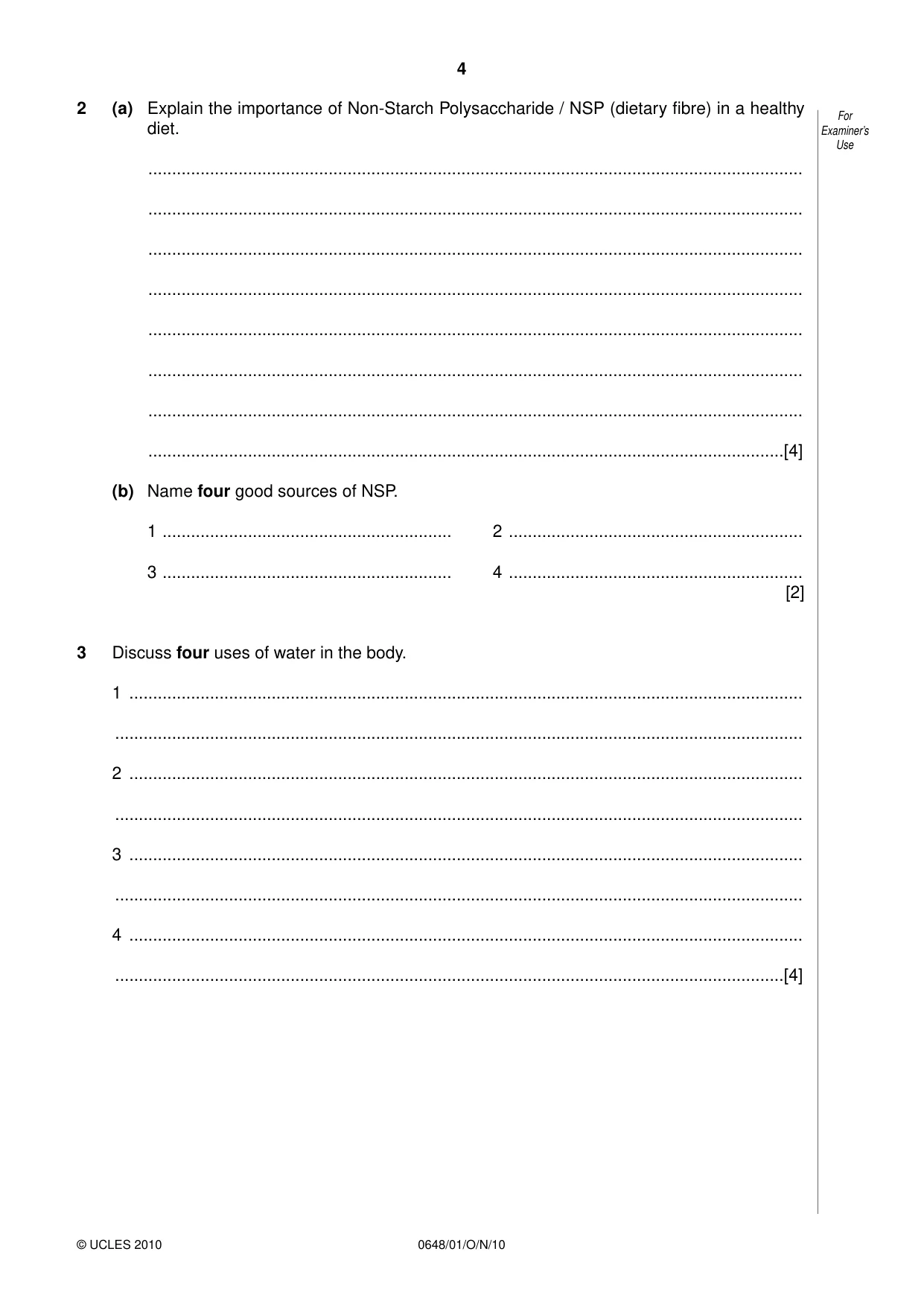 Cambridge IGCSE Food and Nutrition 0648 2010 Oct/Nov Paper 1 · Variant 1 question paper, page 4 of 16