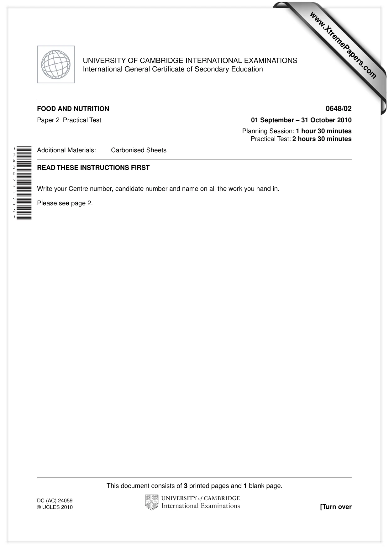 Cambridge IGCSE Food and Nutrition 0648 2010 Oct/Nov Paper 2 · Variant 1 question paper, page 1 of 4