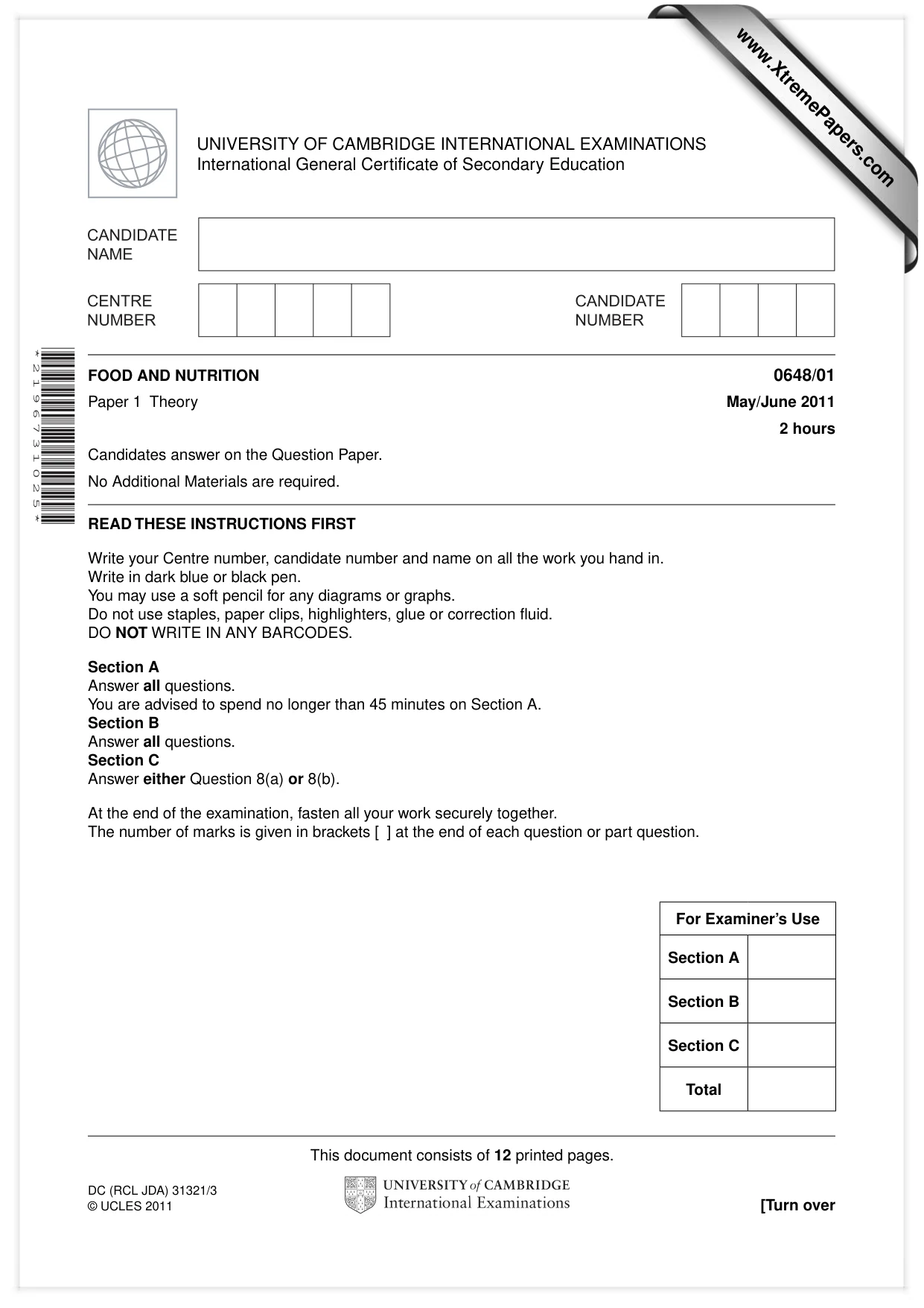 Cambridge IGCSE Food and Nutrition 0648 2011 May/June Paper 1 · Variant 1 question paper, page 1 of 12
