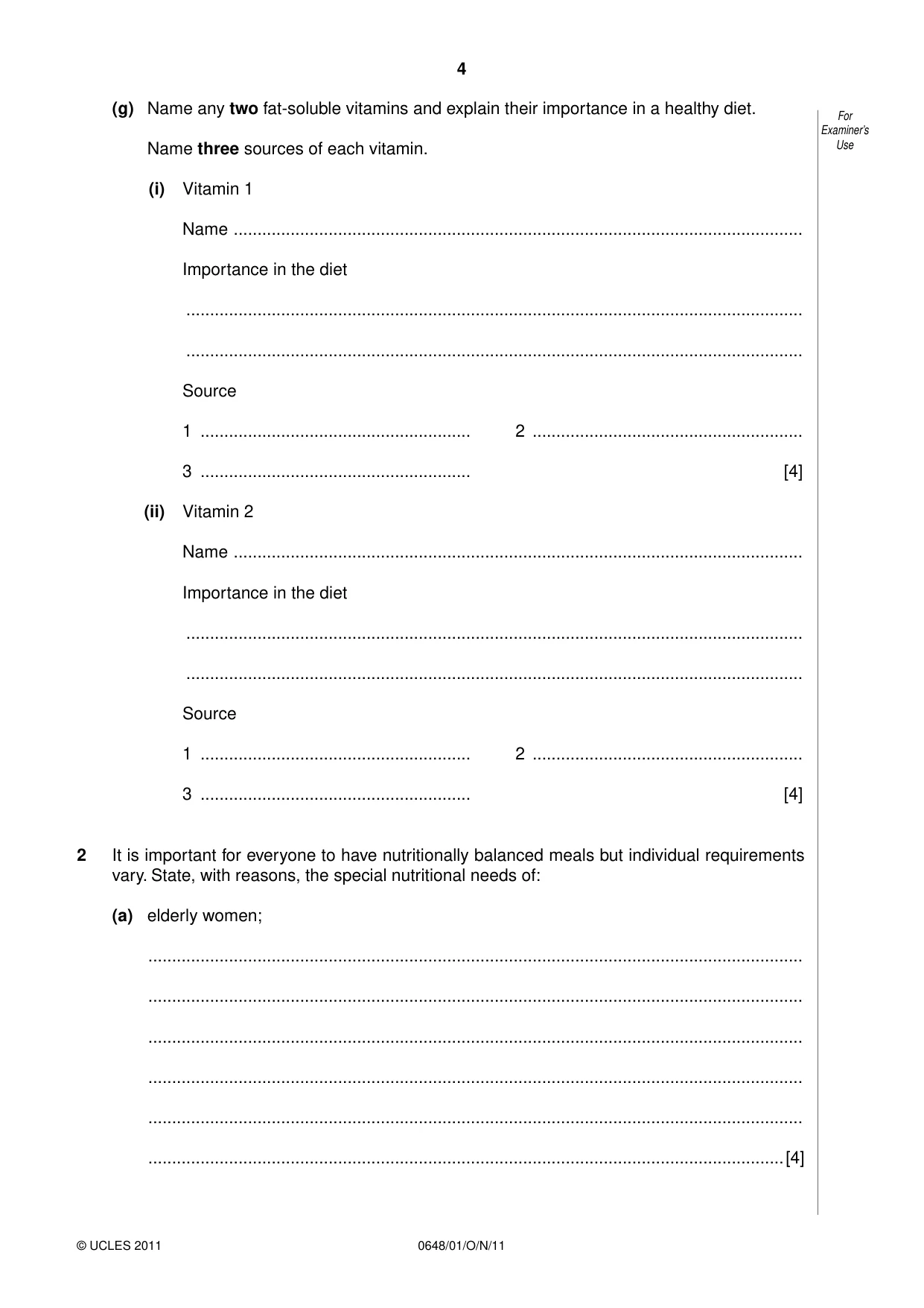 Cambridge IGCSE Food and Nutrition 0648 2011 Oct/Nov Paper 1 · Variant 1 question paper, page 4 of 16