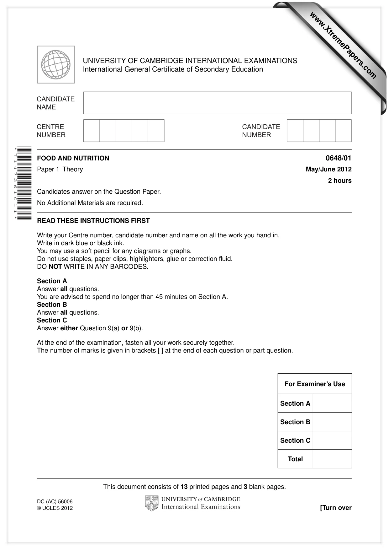 Cambridge IGCSE Food and Nutrition 0648 2012 May/June Paper 1 · Variant 1 question paper, page 1 of 16
