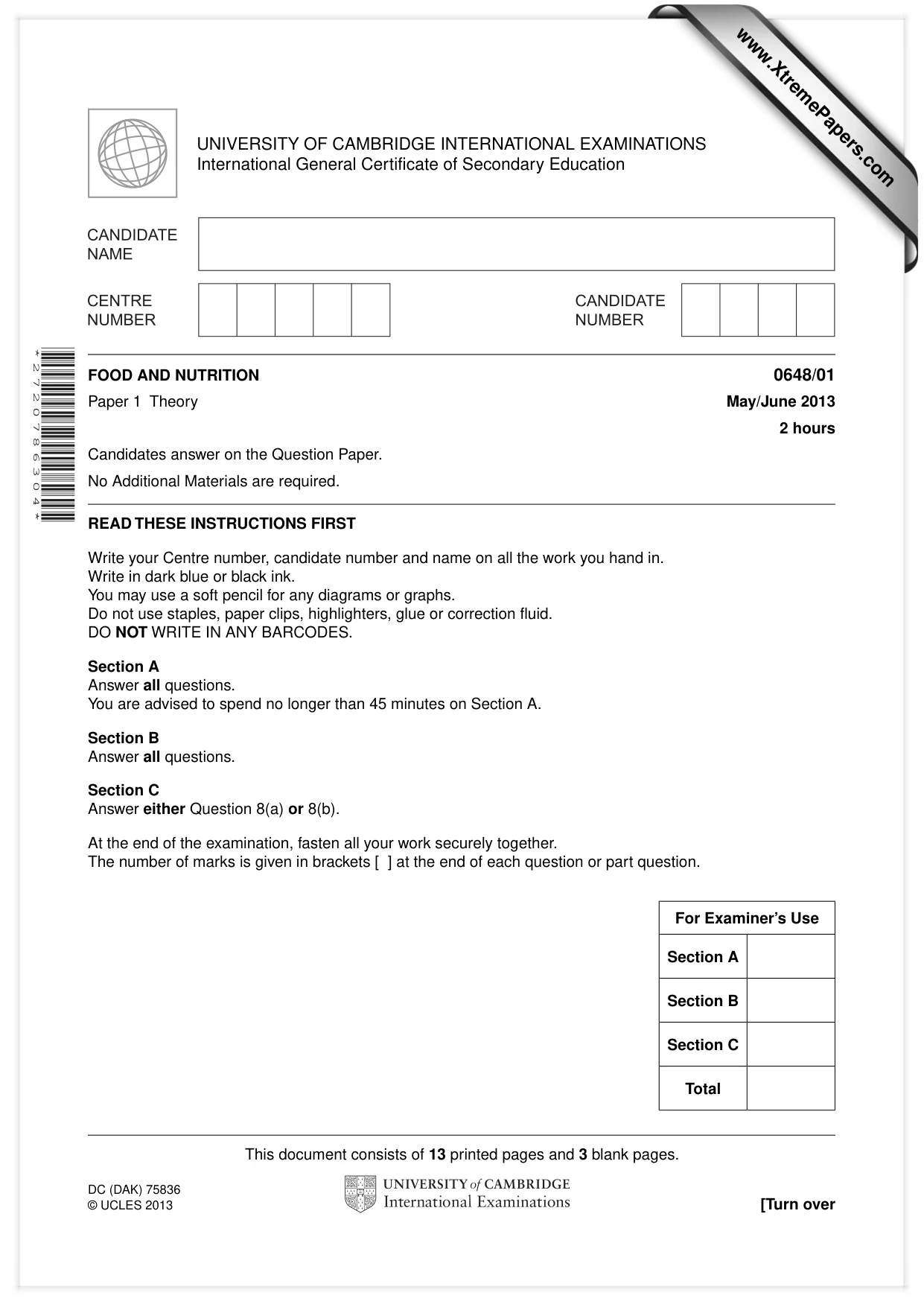 Cambridge IGCSE Food and Nutrition 0648 2013 May/June Paper 1 · Variant 1 question paper, page 1 of 16