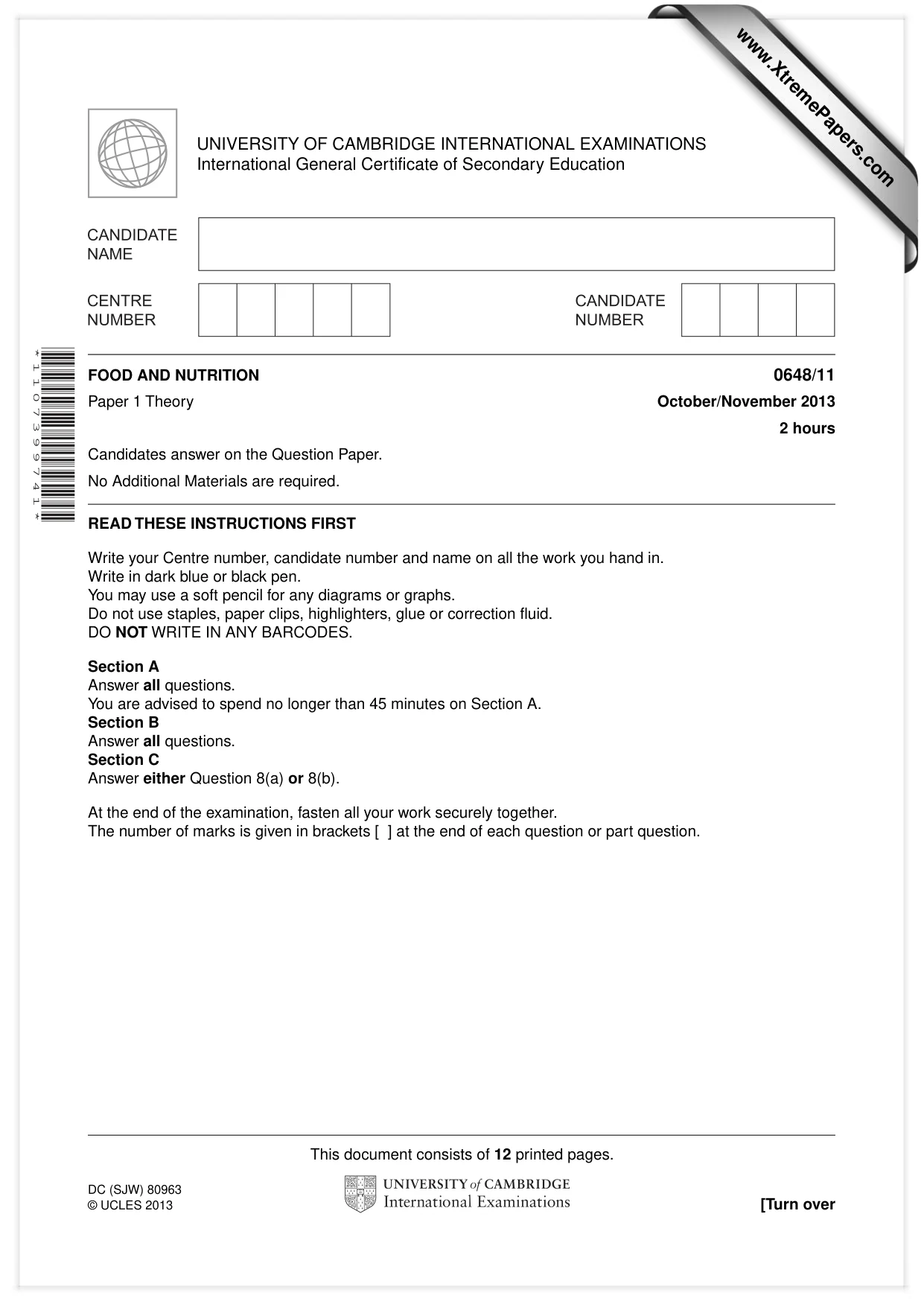 Cambridge IGCSE Food and Nutrition 0648 2013 Oct/Nov Paper 1 · Variant 1 question paper, page 1 of 12