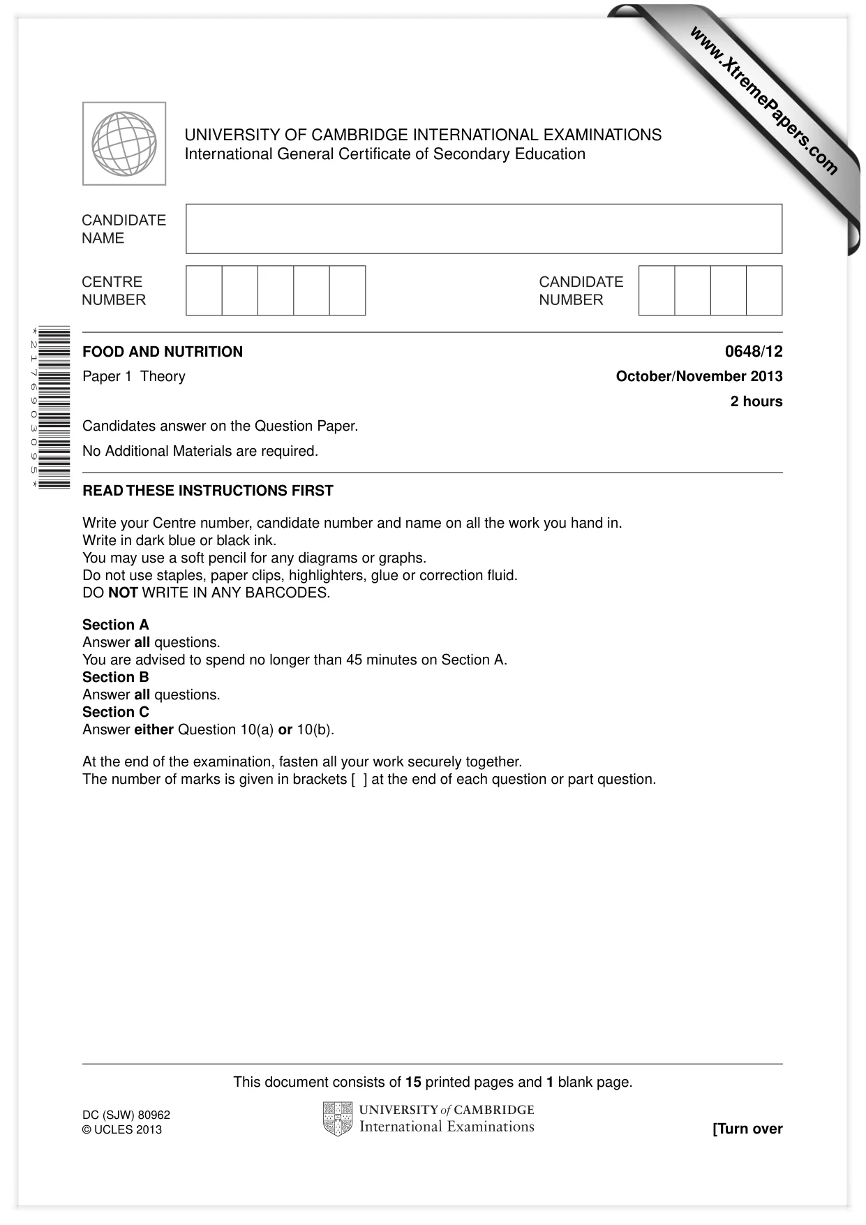 Cambridge IGCSE Food and Nutrition 0648 2013 Oct/Nov Paper 1 · Variant 2 question paper, page 1 of 16