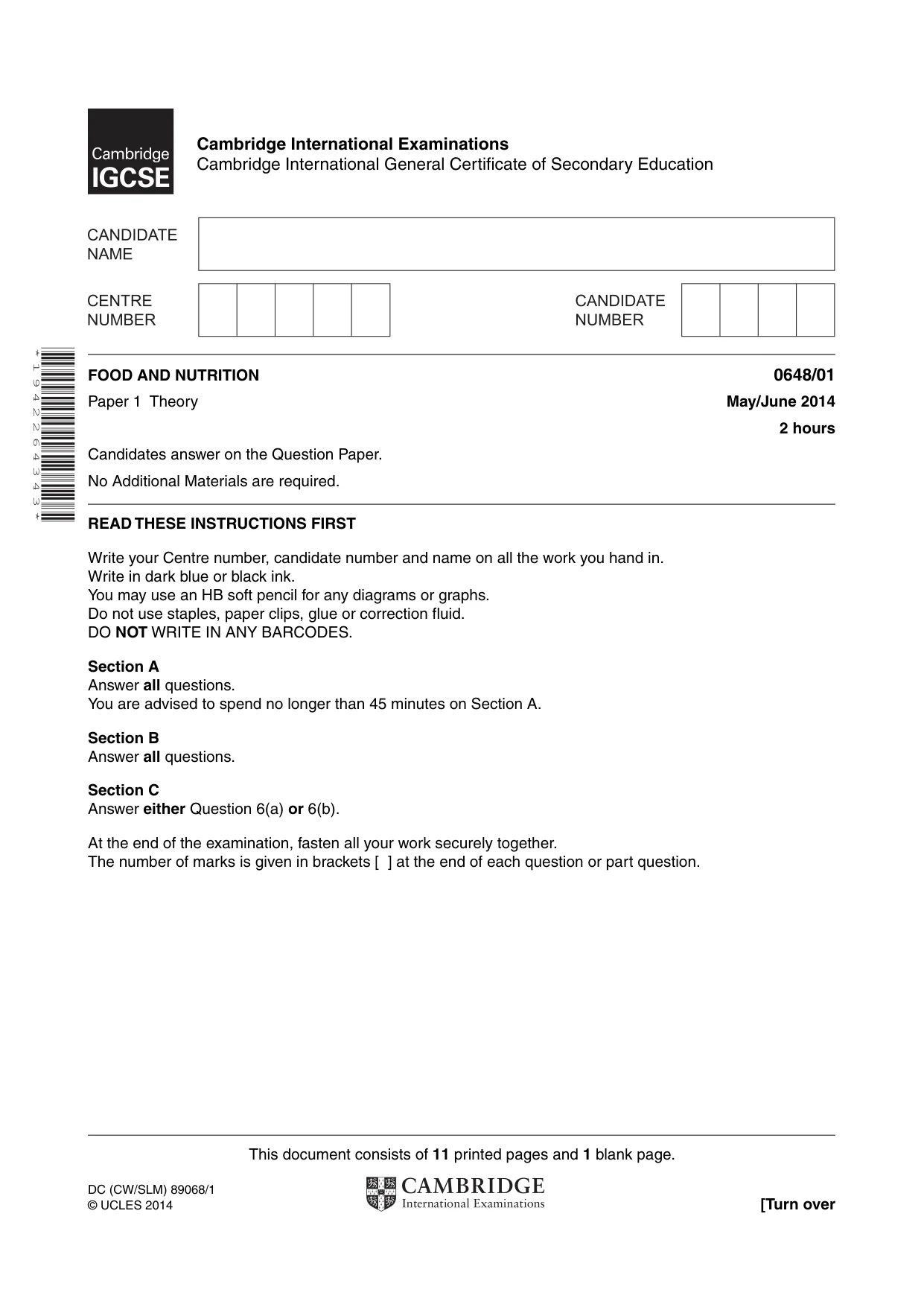 Cambridge IGCSE Food and Nutrition 0648 2014 May/June Paper 1 · Variant 1 question paper, page 1 of 12