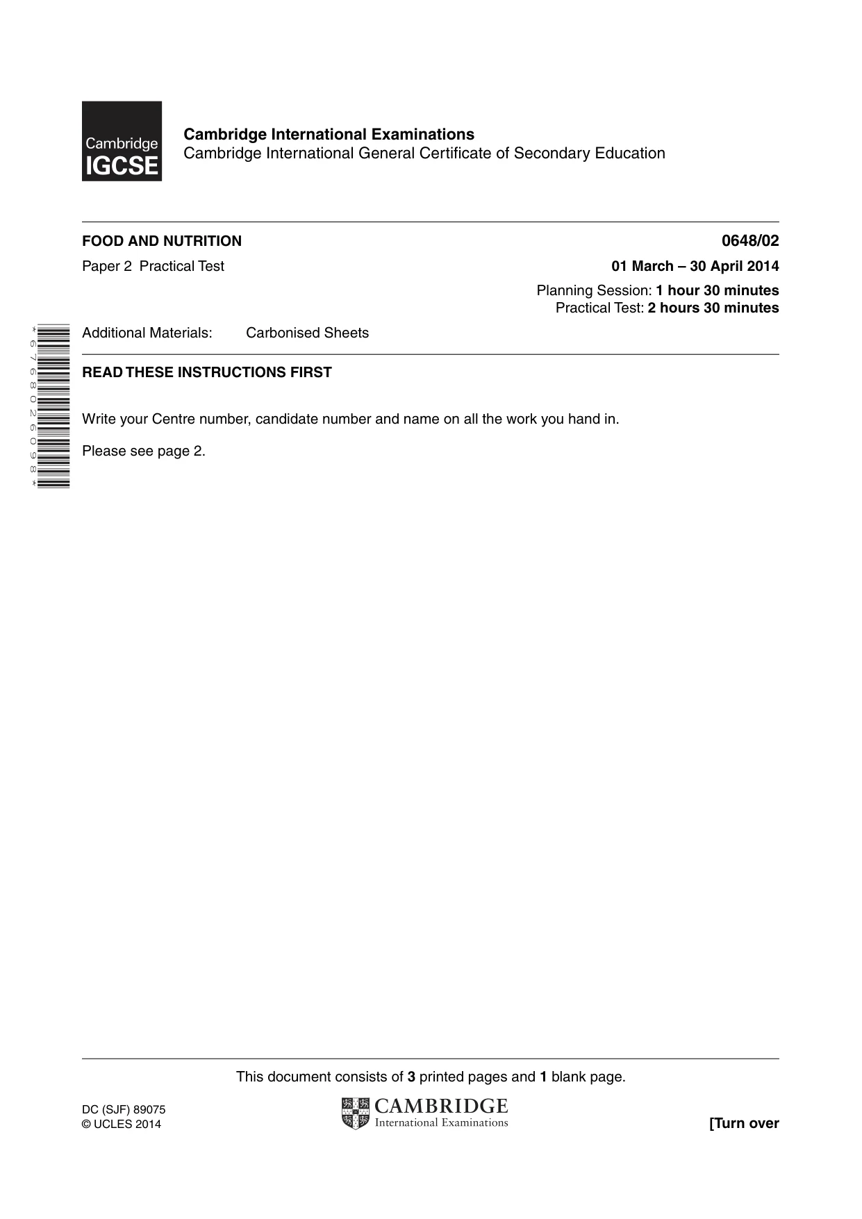 Cambridge IGCSE Food and Nutrition 0648 2014 May/June Paper 2 · Variant 1 question paper, page 1 of 4