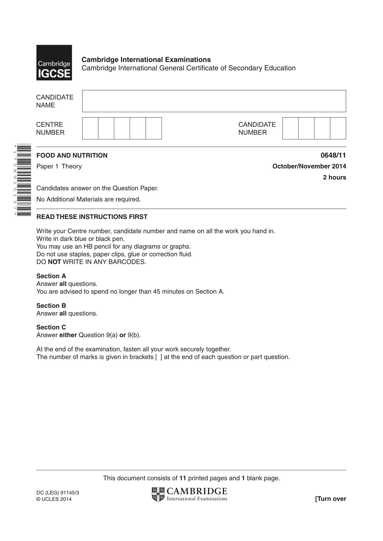 Cambridge IGCSE Food and Nutrition 0648 2014 Oct/Nov Paper 1 · Variant 1 question paper, page 1 of 12