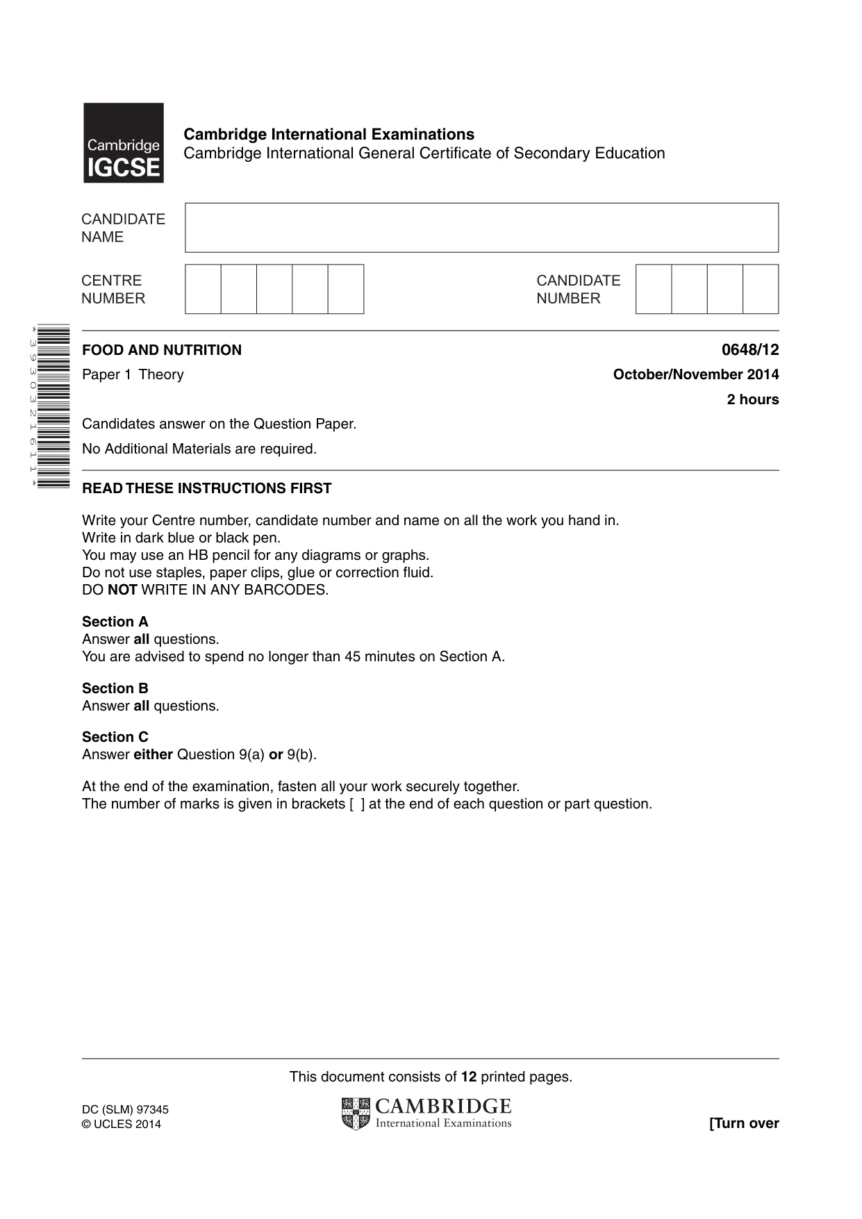 Cambridge IGCSE Food and Nutrition 0648 2014 Oct/Nov Paper 1 · Variant 2 question paper, page 1 of 12