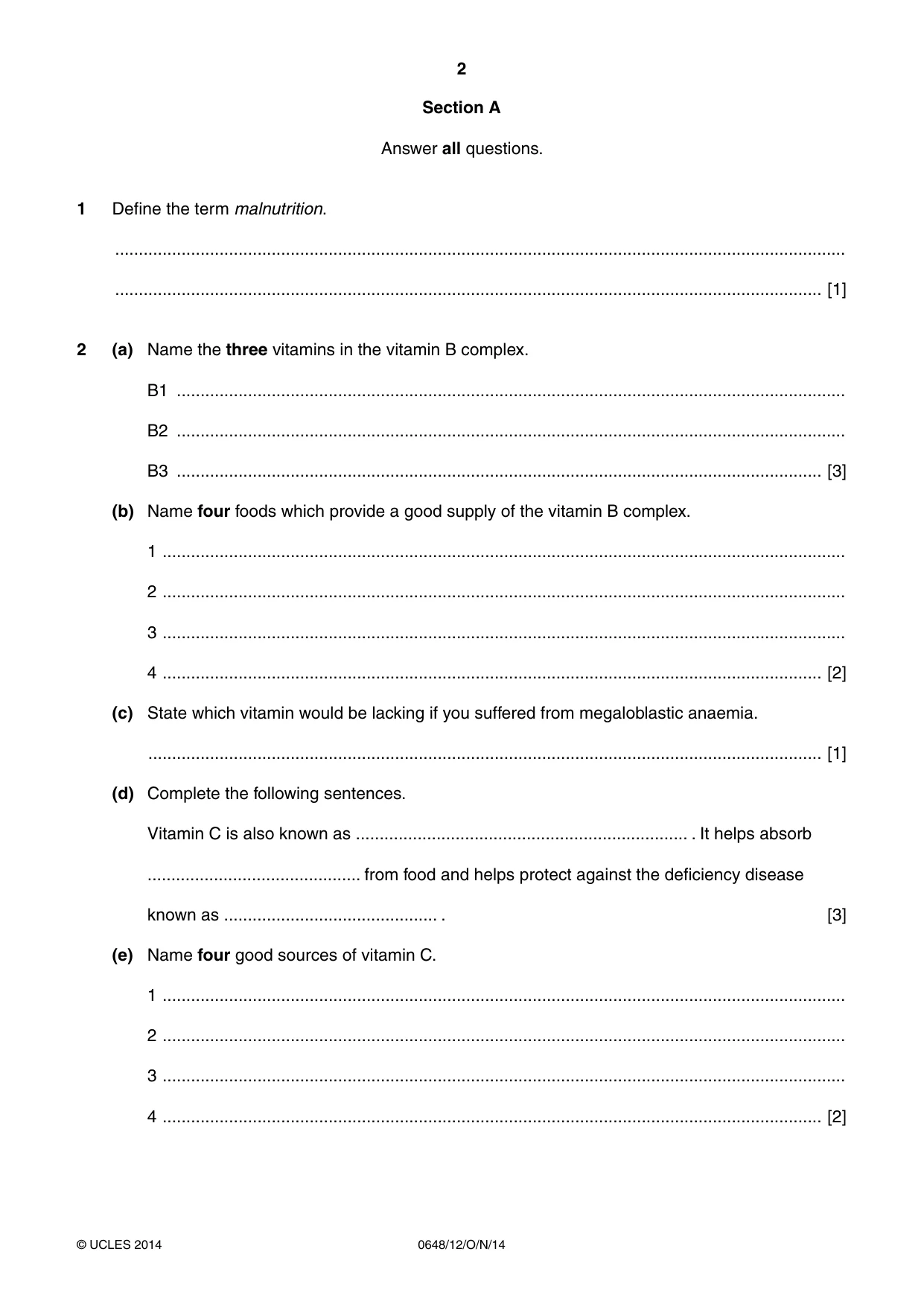 Cambridge IGCSE Food and Nutrition 0648 2014 Oct/Nov Paper 1 · Variant 2 question paper, page 2 of 12