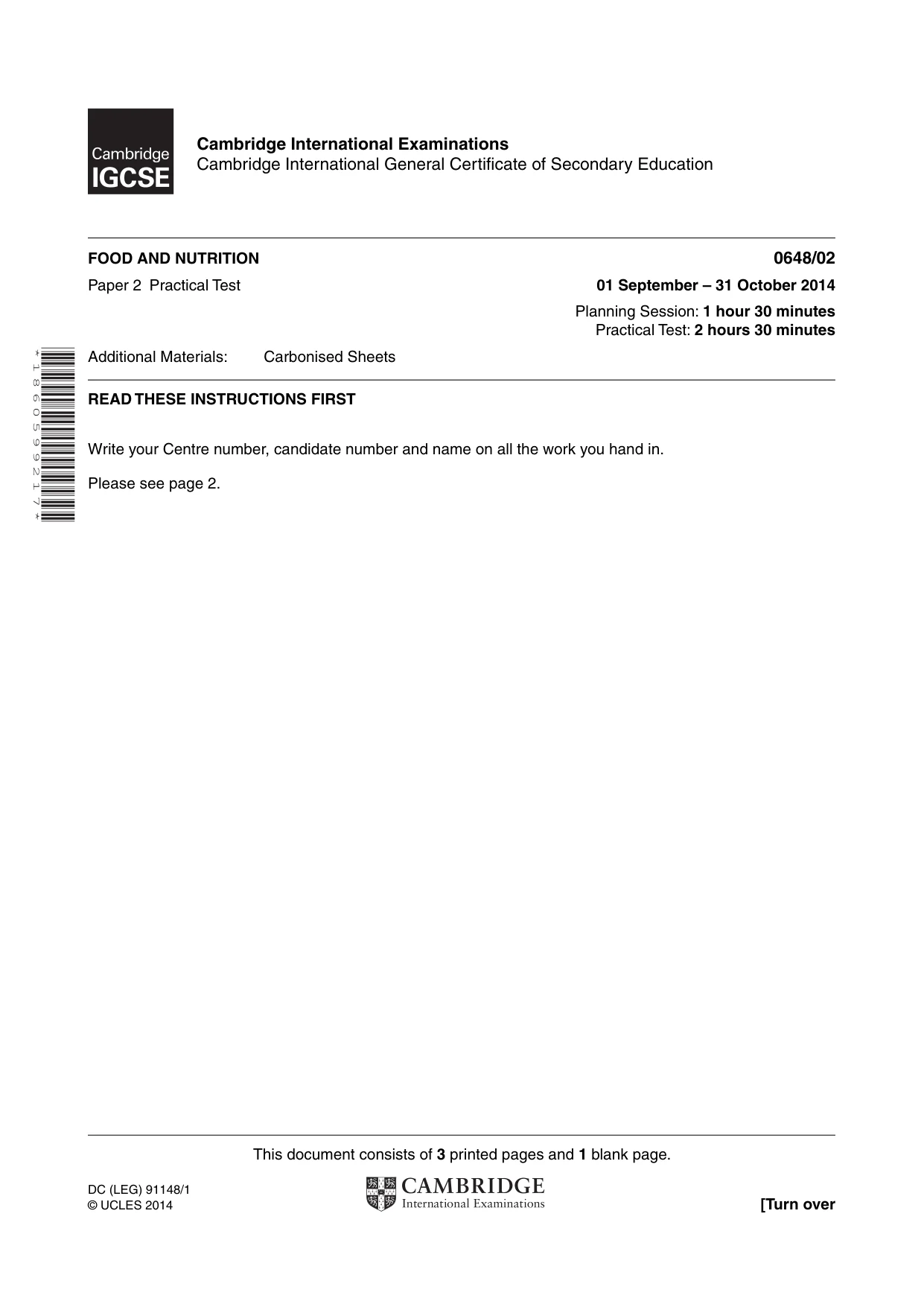 Cambridge IGCSE Food and Nutrition 0648 2014 Oct/Nov Paper 2 · Variant 1 question paper, page 1 of 4