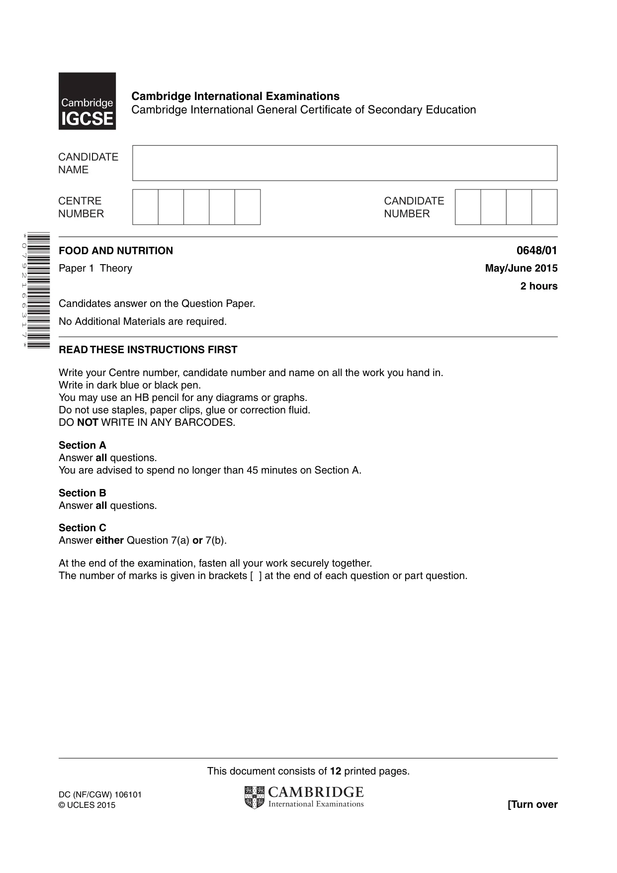Cambridge IGCSE Food and Nutrition 0648 2015 May/June Paper 1 · Variant 1 question paper, page 1 of 12