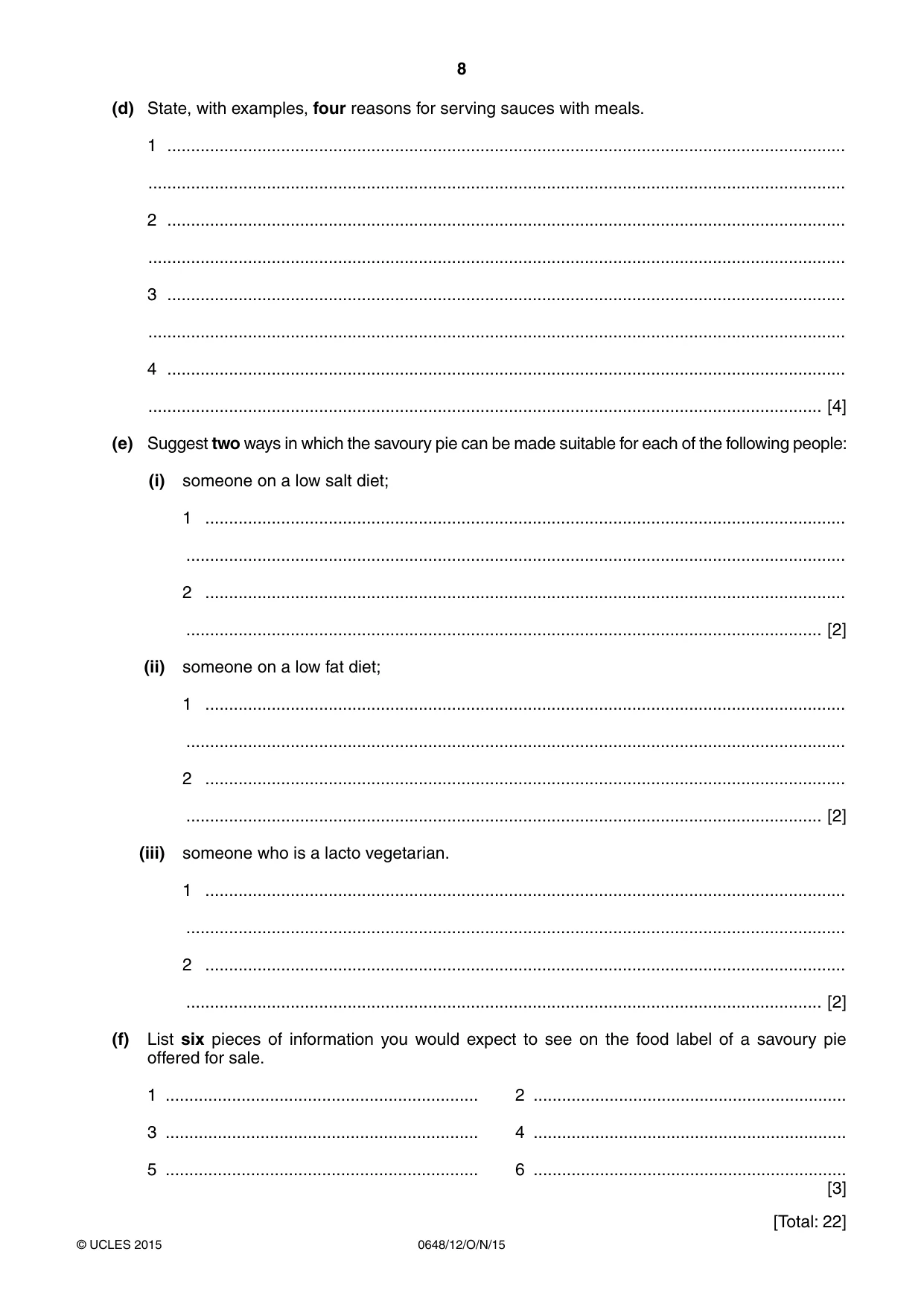 Cambridge IGCSE Food and Nutrition 0648 2015 Oct/Nov Paper 1 · Variant 2 question paper, page 8 of 12
