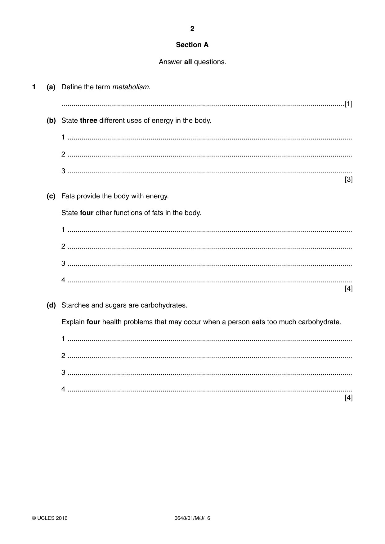Cambridge IGCSE Food and Nutrition 0648 2016 May/June Paper 1 · Variant 0 question paper, page 2 of 12