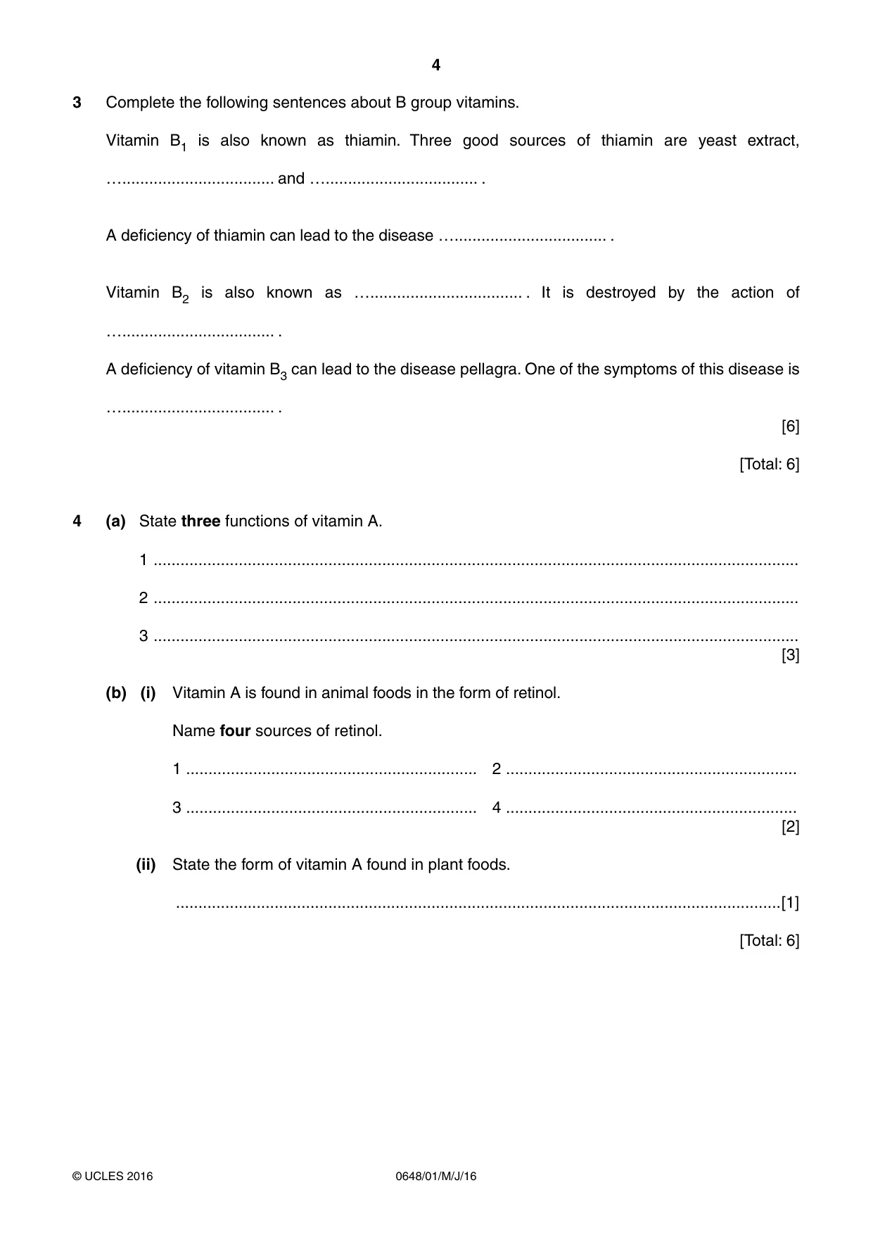 Cambridge IGCSE Food and Nutrition 0648 2016 May/June Paper 1 · Variant 0 question paper, page 4 of 12