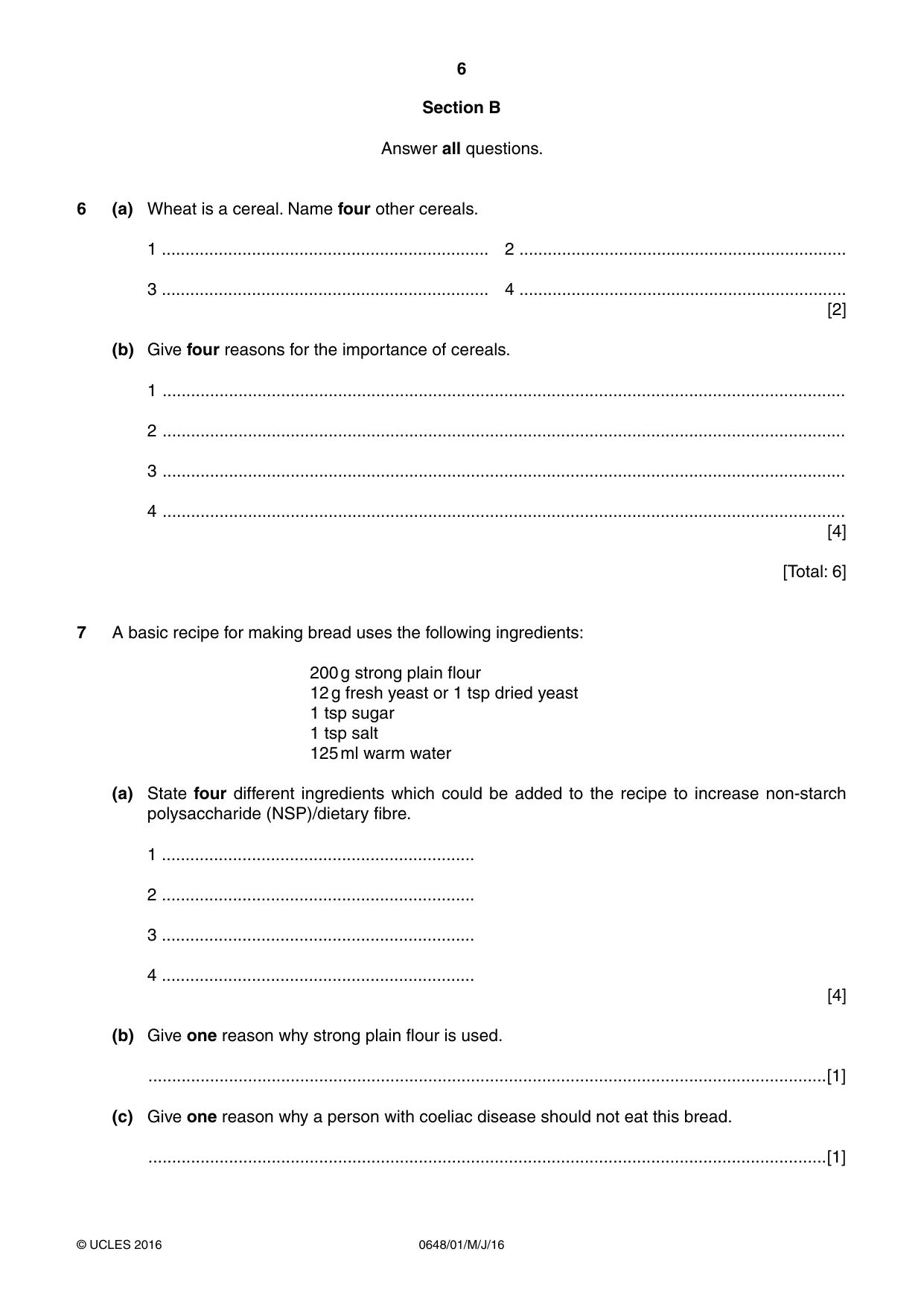 Cambridge IGCSE Food and Nutrition 0648 2016 May/June Paper 1 · Variant 0 question paper, page 6 of 12