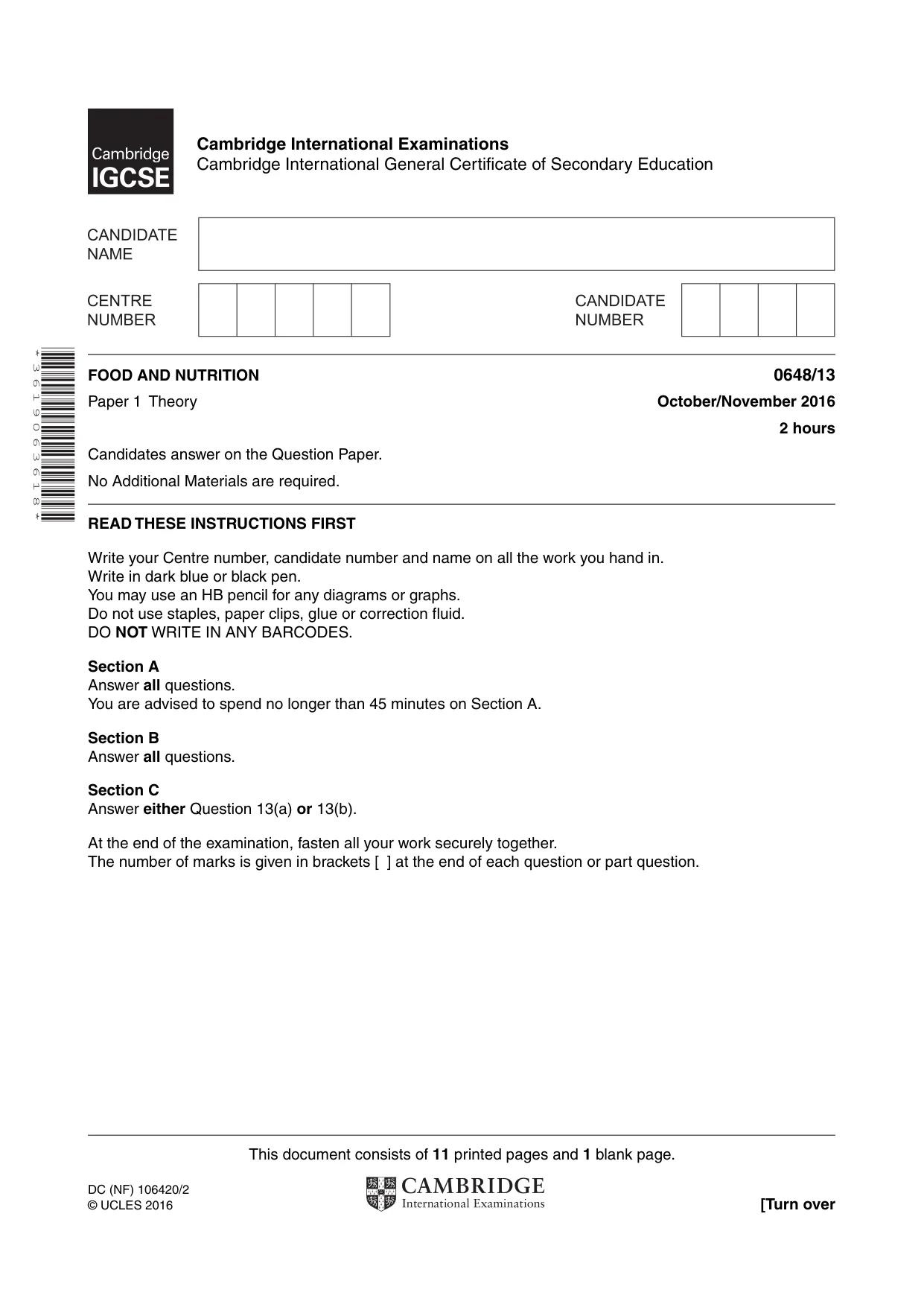Cambridge IGCSE Food and Nutrition 0648 2016 Oct/Nov Paper 1 · Variant 3 question paper, page 1 of 12