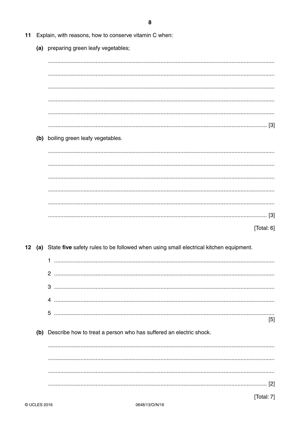 Cambridge IGCSE Food and Nutrition 0648 2016 Oct/Nov Paper 1 · Variant 3 question paper, page 8 of 12