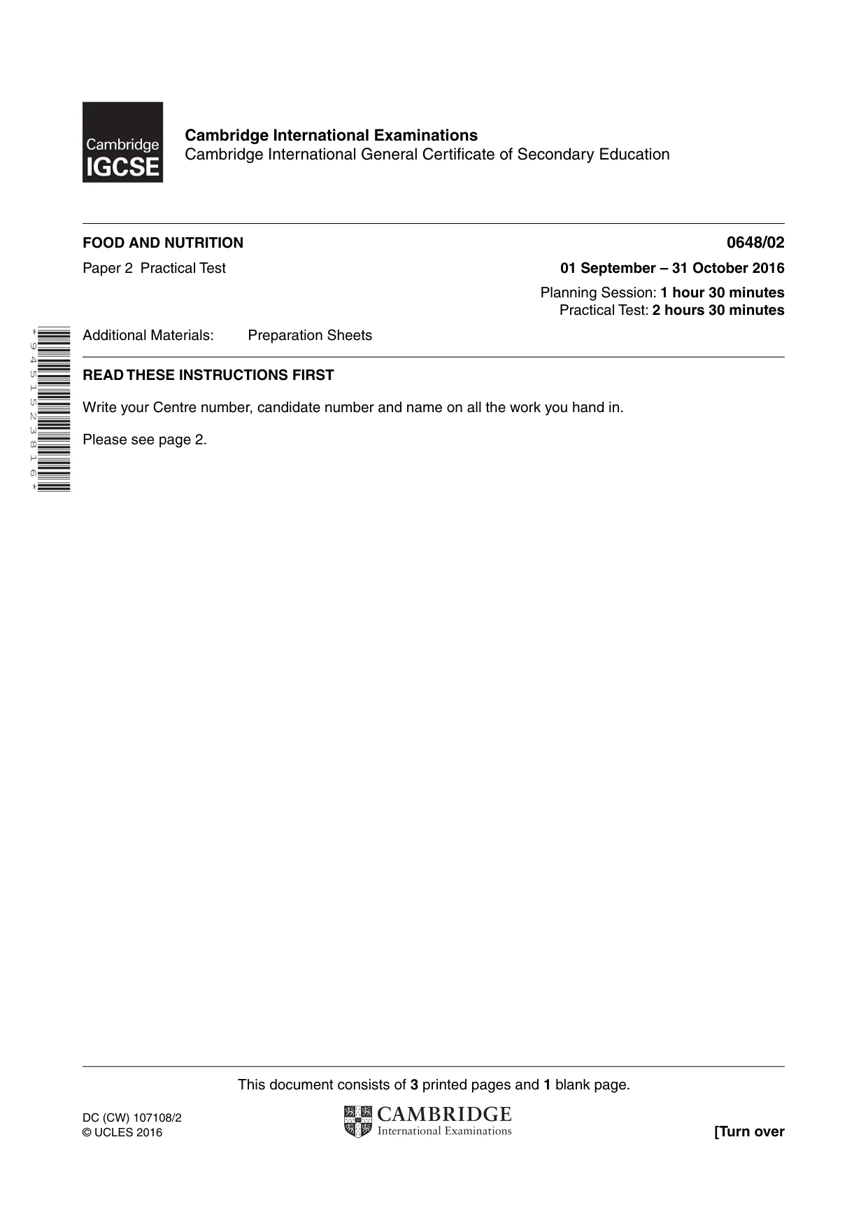 Cambridge IGCSE Food and Nutrition 0648 2016 Oct/Nov Paper 2 · Variant 1 question paper, page 1 of 4