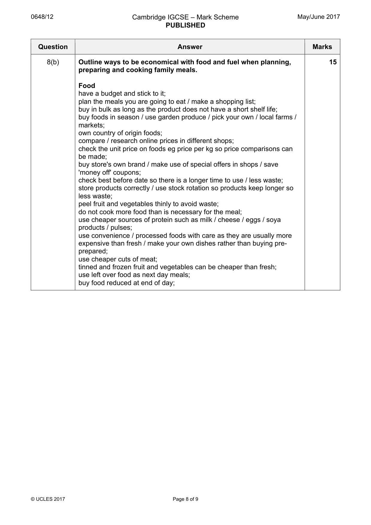 Mark scheme, page 8 of 9