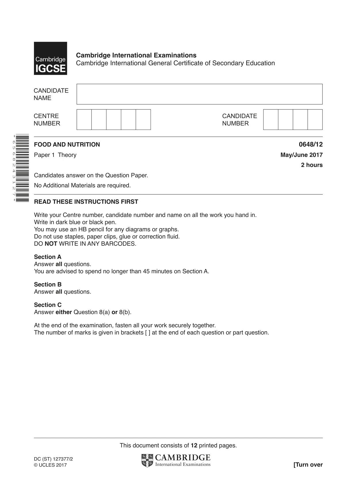 Cambridge IGCSE Food and Nutrition 0648 2017 May/June Paper 1 · Variant 2 question paper, page 1 of 12