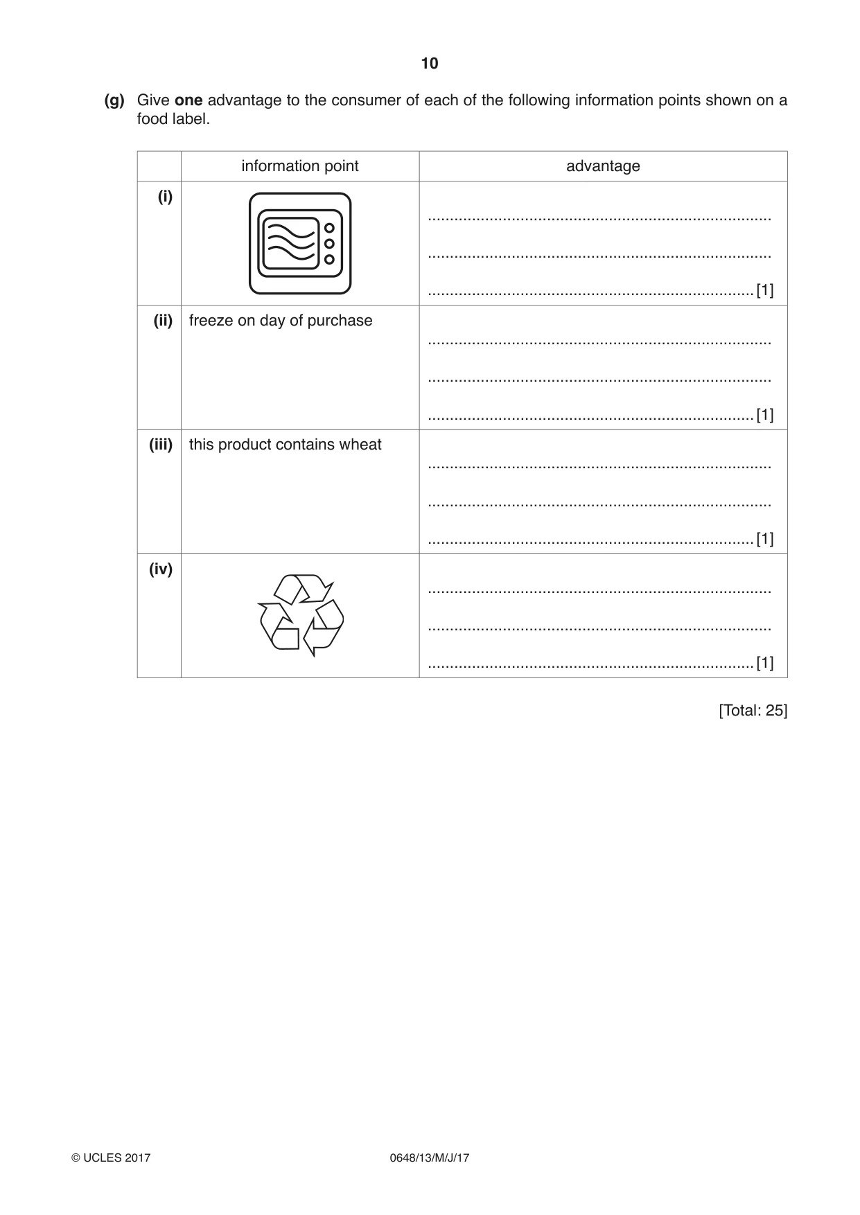 Cambridge IGCSE Food and Nutrition 0648 2017 May/June Paper 1 · Variant 3 question paper, page 10 of 16