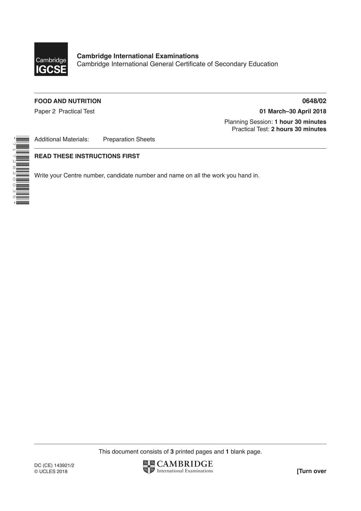 Cambridge IGCSE Food and Nutrition 0648 2018 May/June Paper 2 · Variant 0 question paper, page 1 of 4