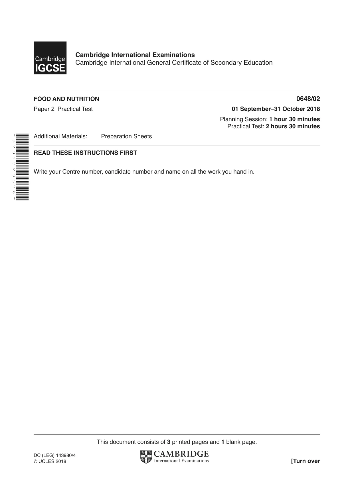 Cambridge IGCSE Food and Nutrition 0648 2018 Oct/Nov Paper 2 · Variant 0 question paper, page 1 of 4